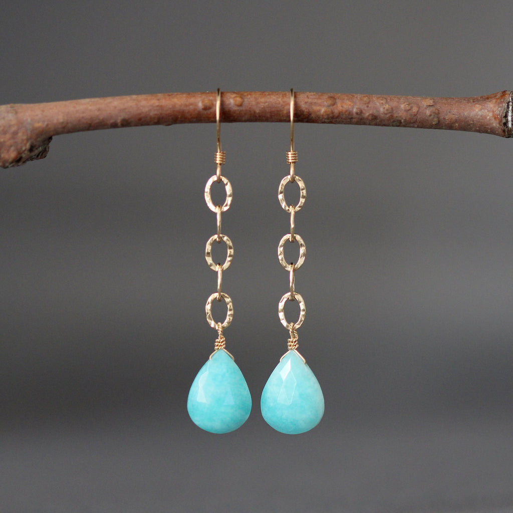 Amazonite Teardrop and Hammered Gold Filled Link Long Dangle Earrings