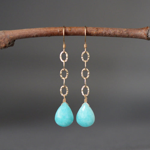 Amazonite Teardrop and Hammered Gold Filled Link Long Dangle Earrings
