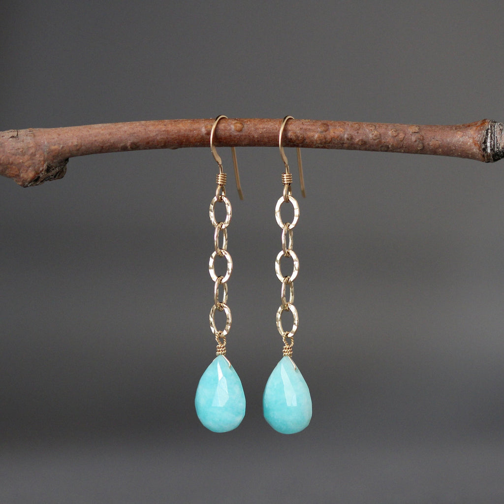 Amazonite Teardrop and Hammered Gold Filled Link Long Dangle Earrings