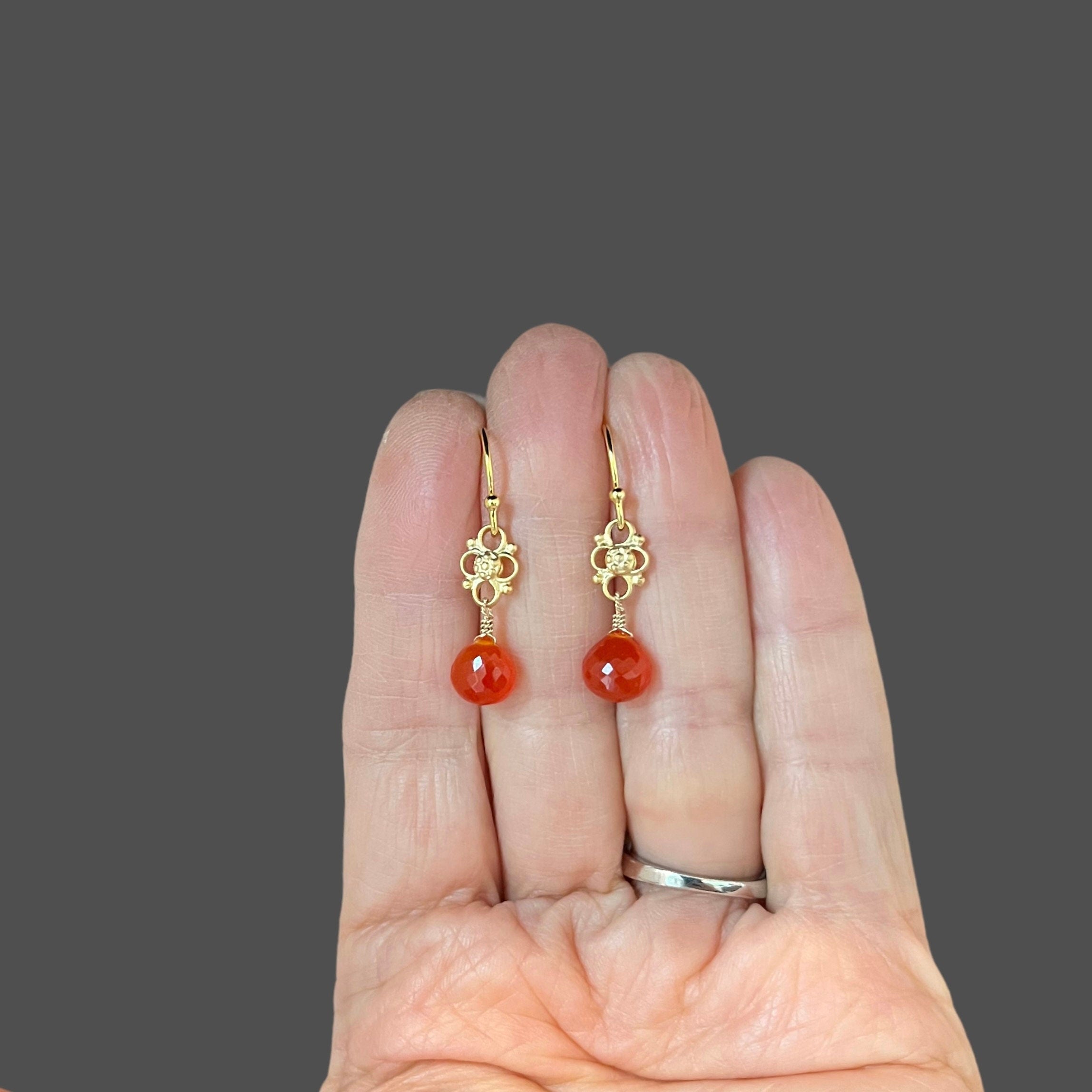 Carnelian Teardrop Dangle Earrings on Matte Gold Vermeil Links