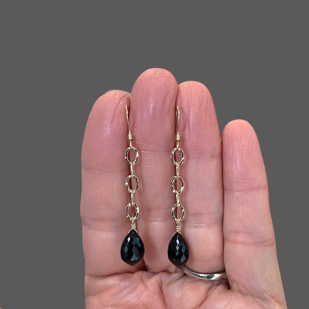 Black Spinel Marquise and Hammered Gold Filled Link Long Dangle Earrings