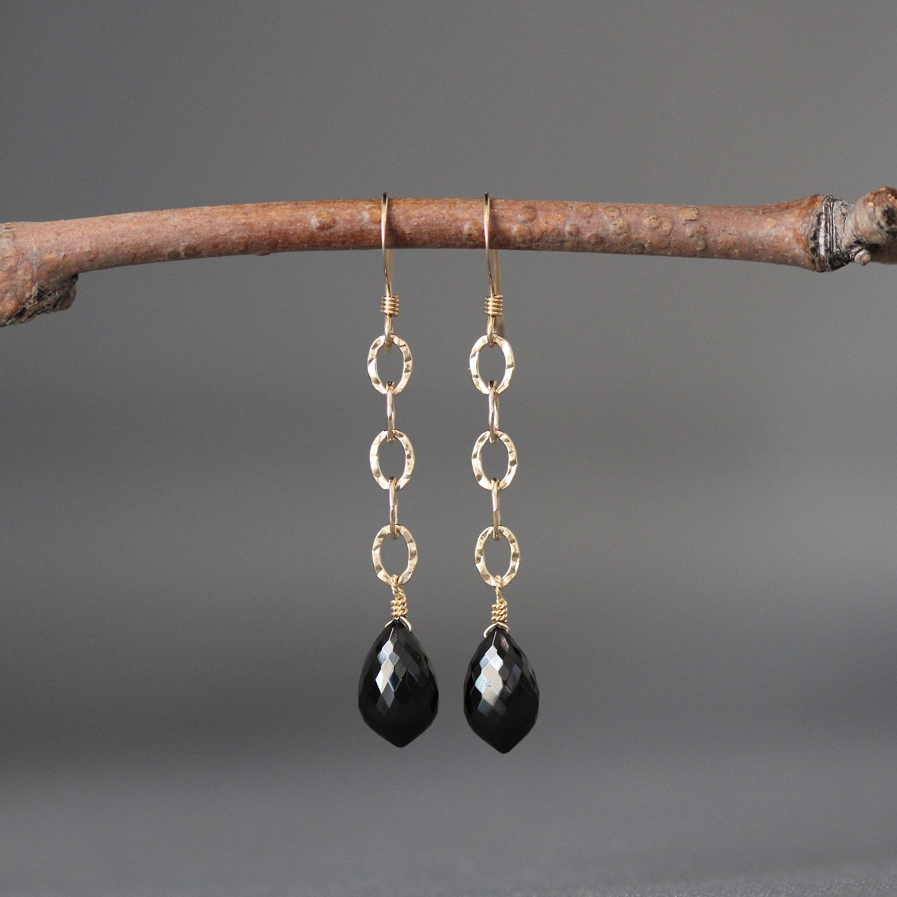 Black Spinel Marquise and Hammered Gold Filled Link Long Dangle Earrings