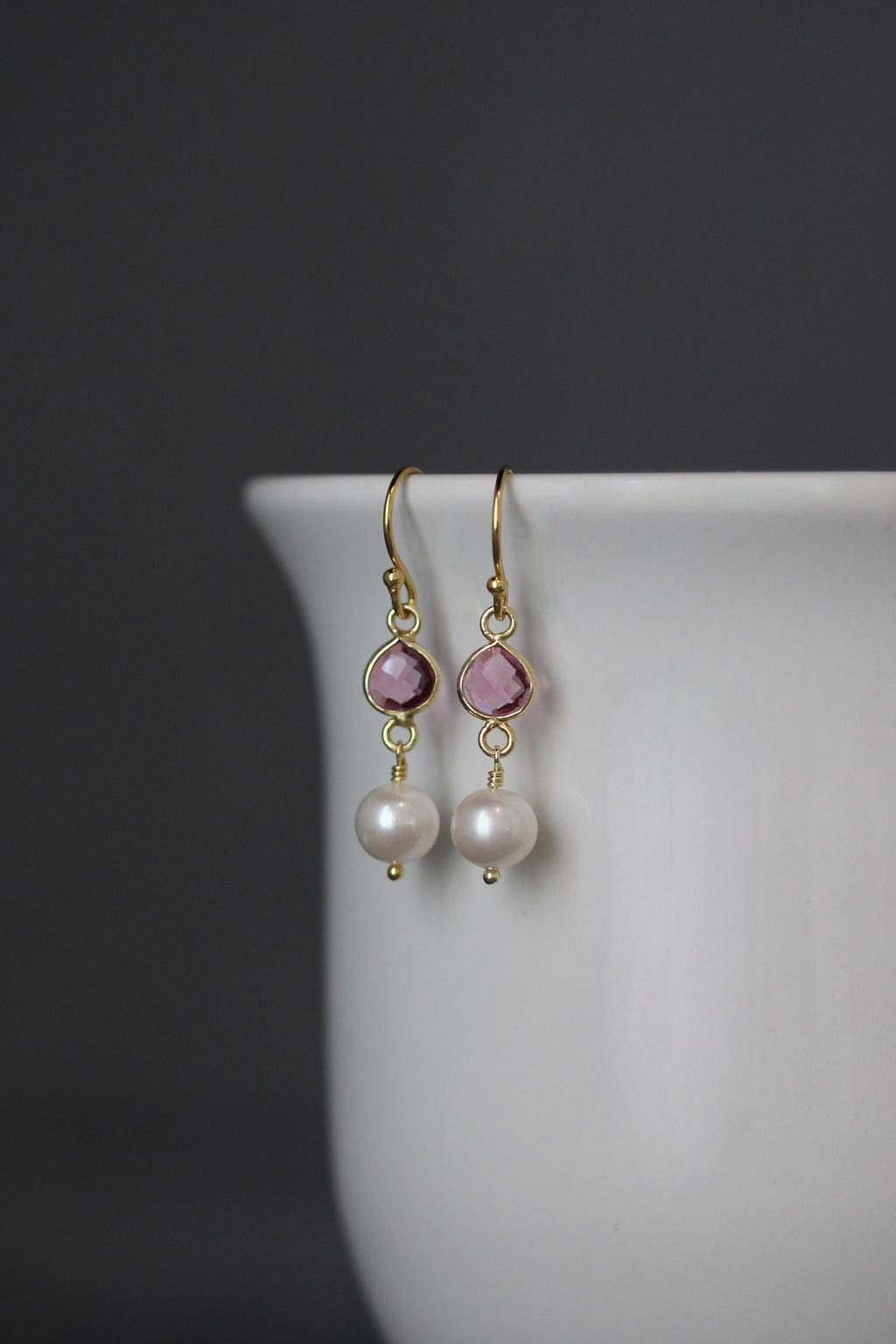 Pink Quartz and Freshwater Pearl Dangle Earrings in Gold Vermeil