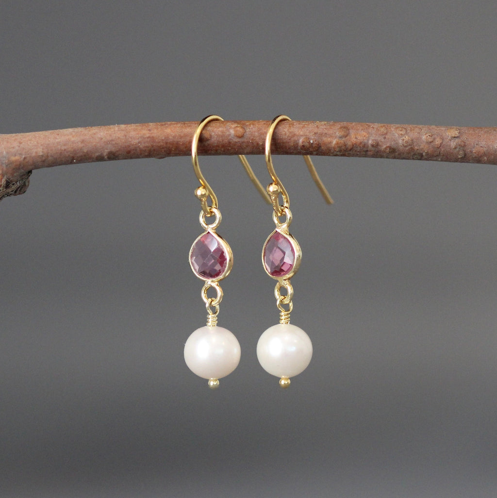 Pink Quartz and Freshwater Pearl Dangle Earrings in Gold Vermeil