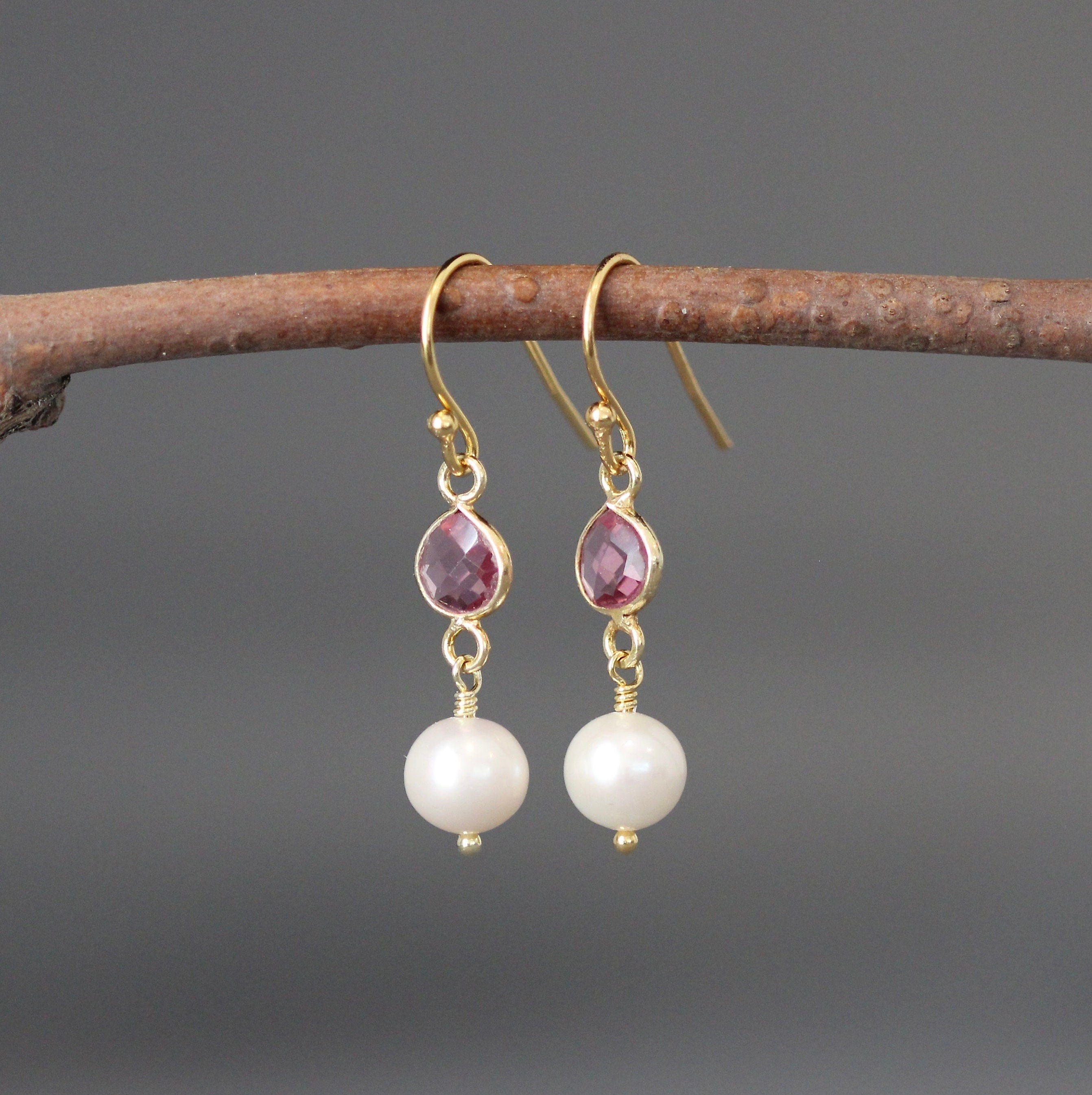 Pink Quartz and Freshwater Pearl Dangle Earrings in Gold Vermeil