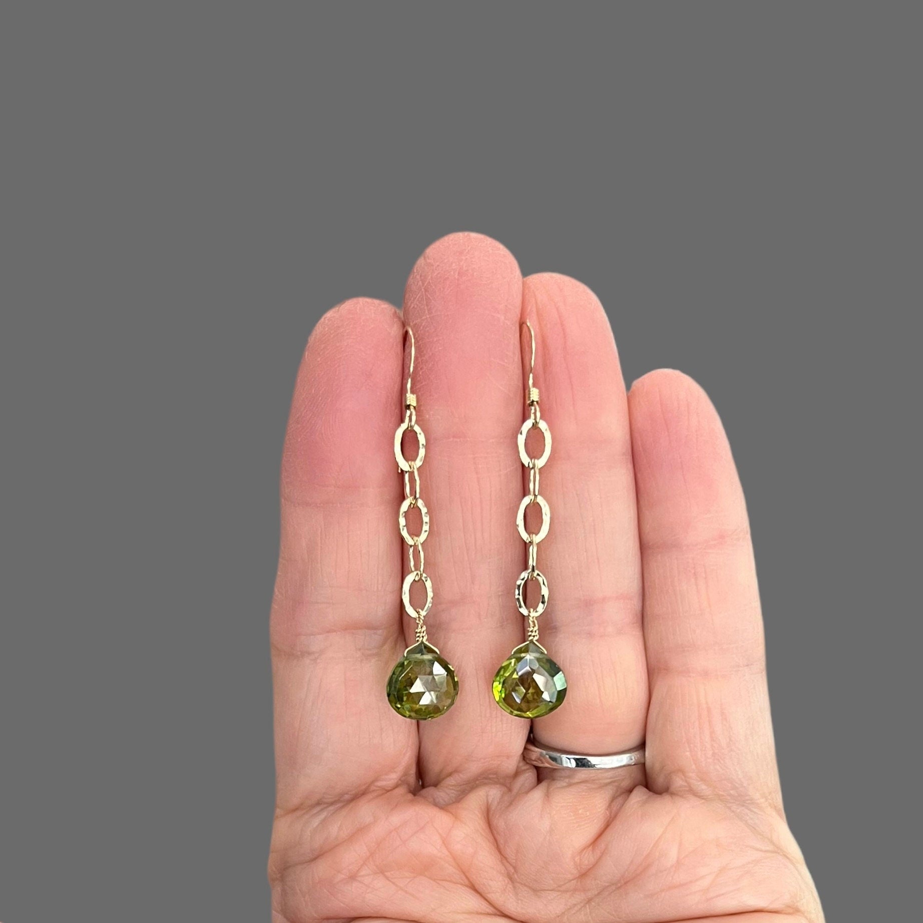 Peridot Quartz Teardrop Dangle Earrings on Hammered Gold Filled Links