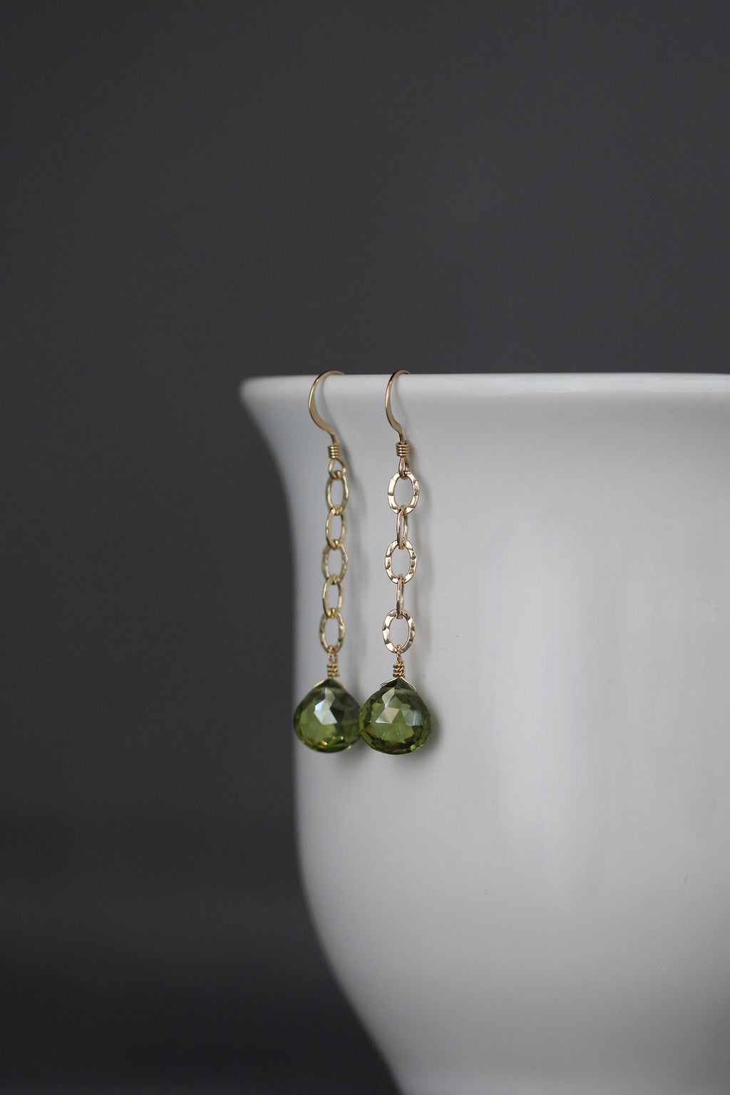 Peridot Quartz Teardrop Dangle Earrings on Hammered Gold Filled Links