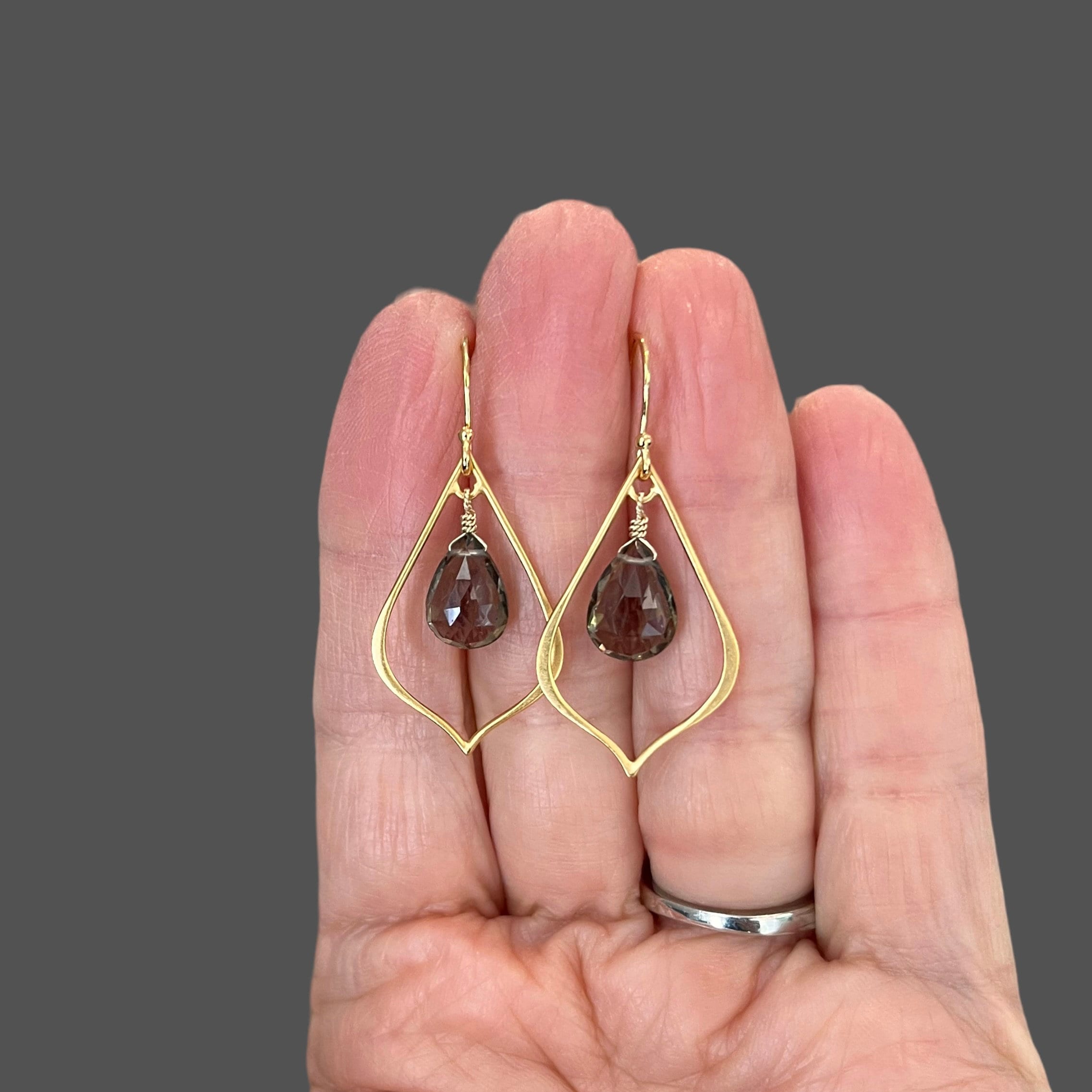 Smoky Quartz Teardrop Dangle Earrings on Matte Gold Vermeil Links