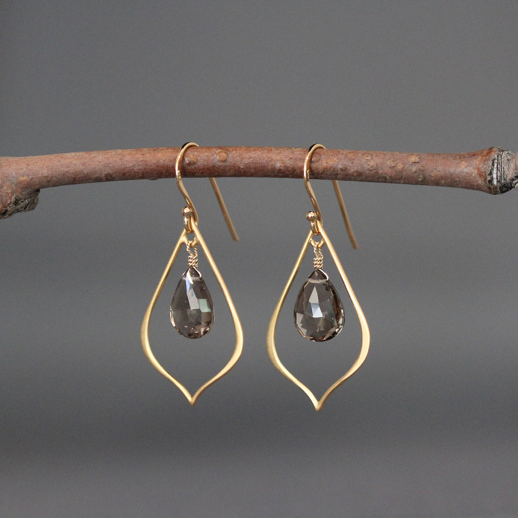 Smoky Quartz Teardrop Dangle Earrings on Matte Gold Vermeil Links