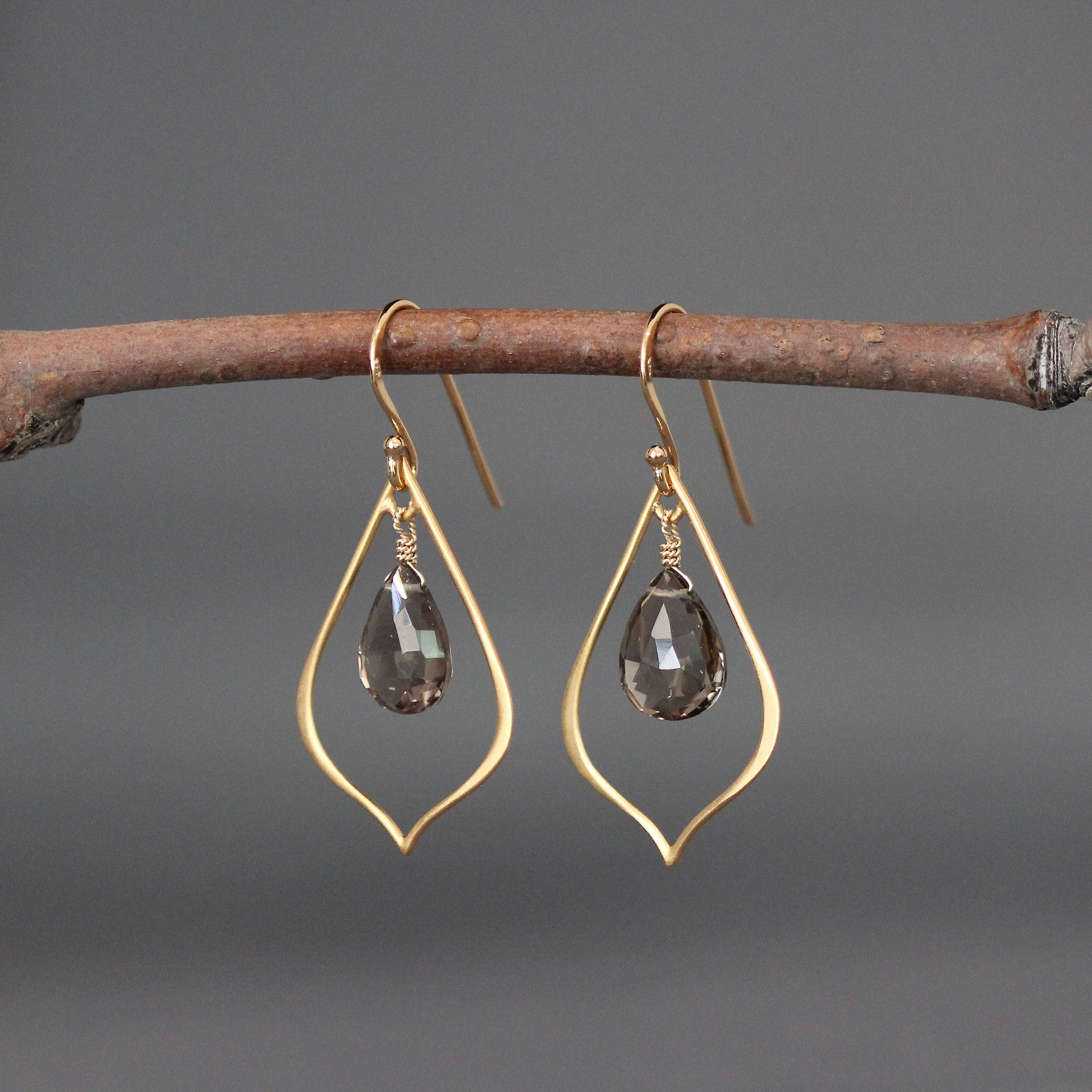 Smoky Quartz Teardrop Dangle Earrings on Matte Gold Vermeil Links