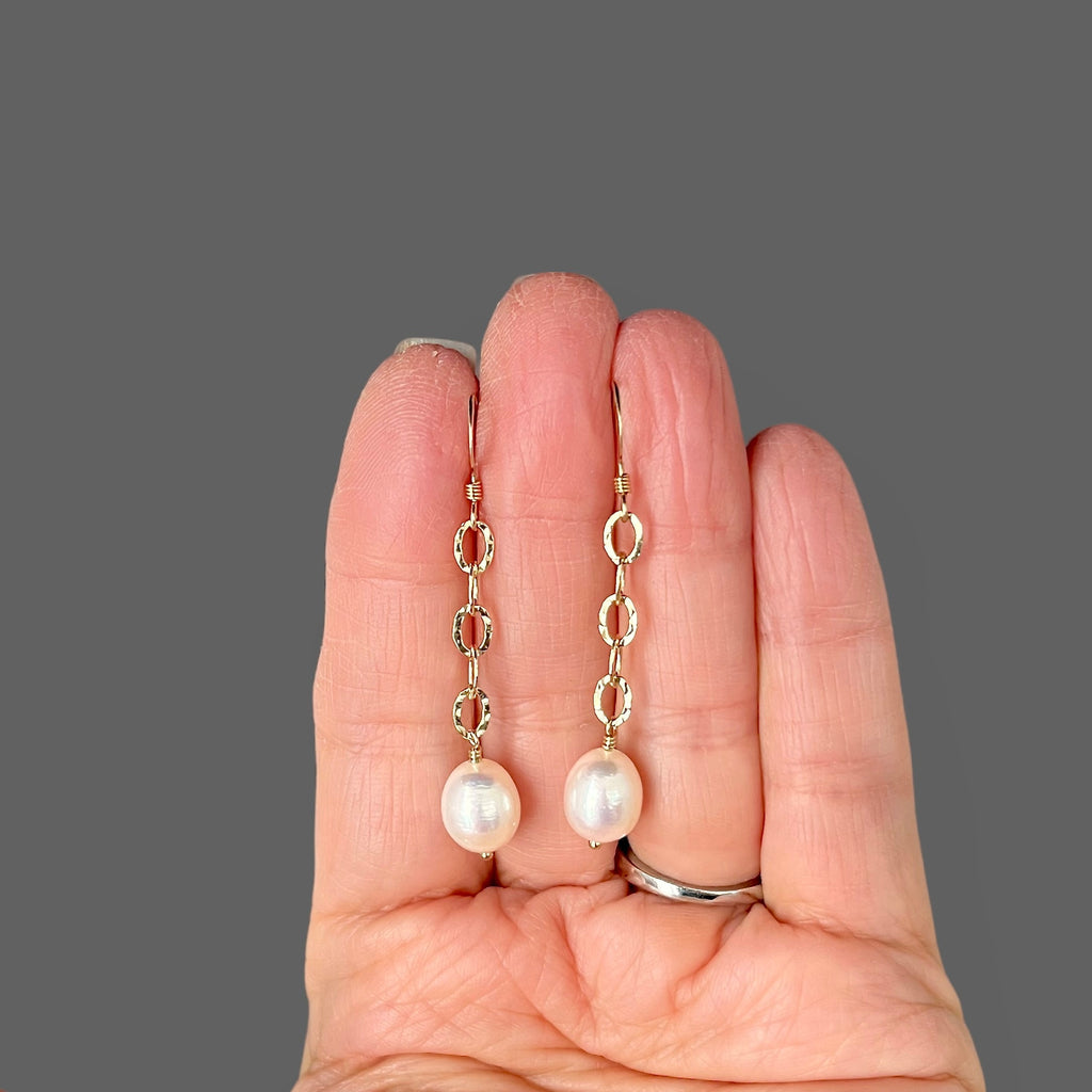 Freshwater Pearl and Hammered Gold Filled Dangle Earrings