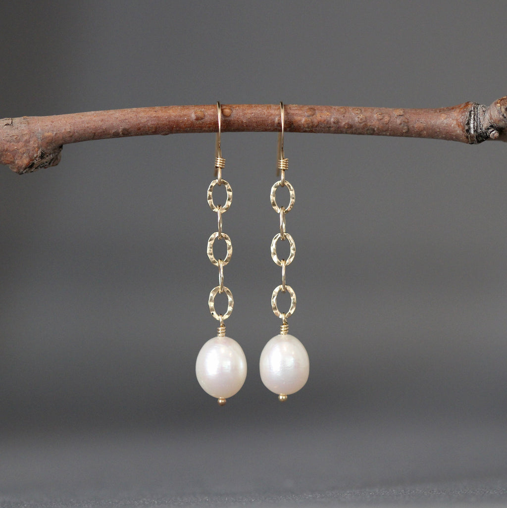 Freshwater Pearl and Hammered Gold Filled Dangle Earrings