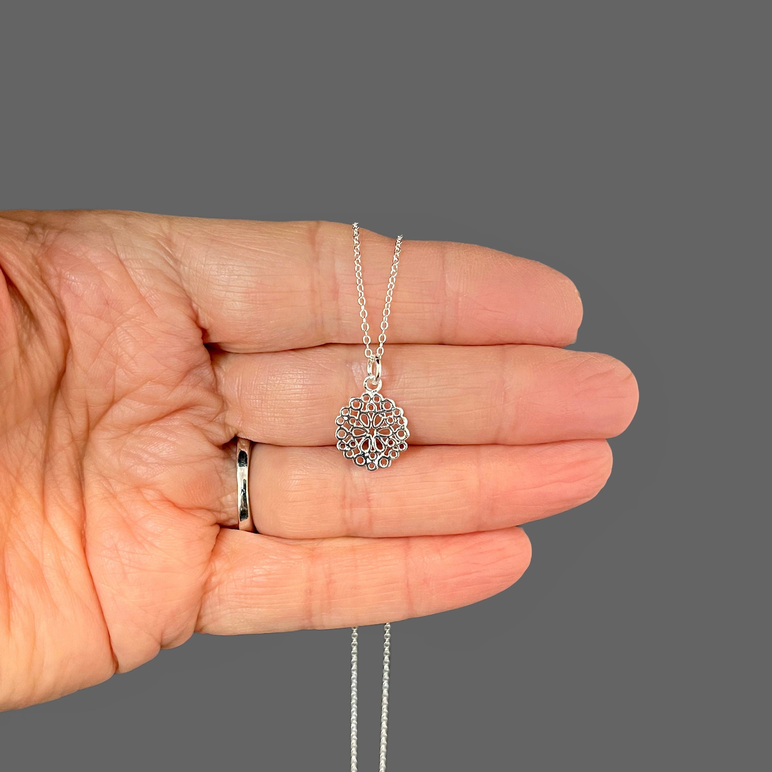 Small Sterling Silver Filigree Flower Charm Pendant Necklace