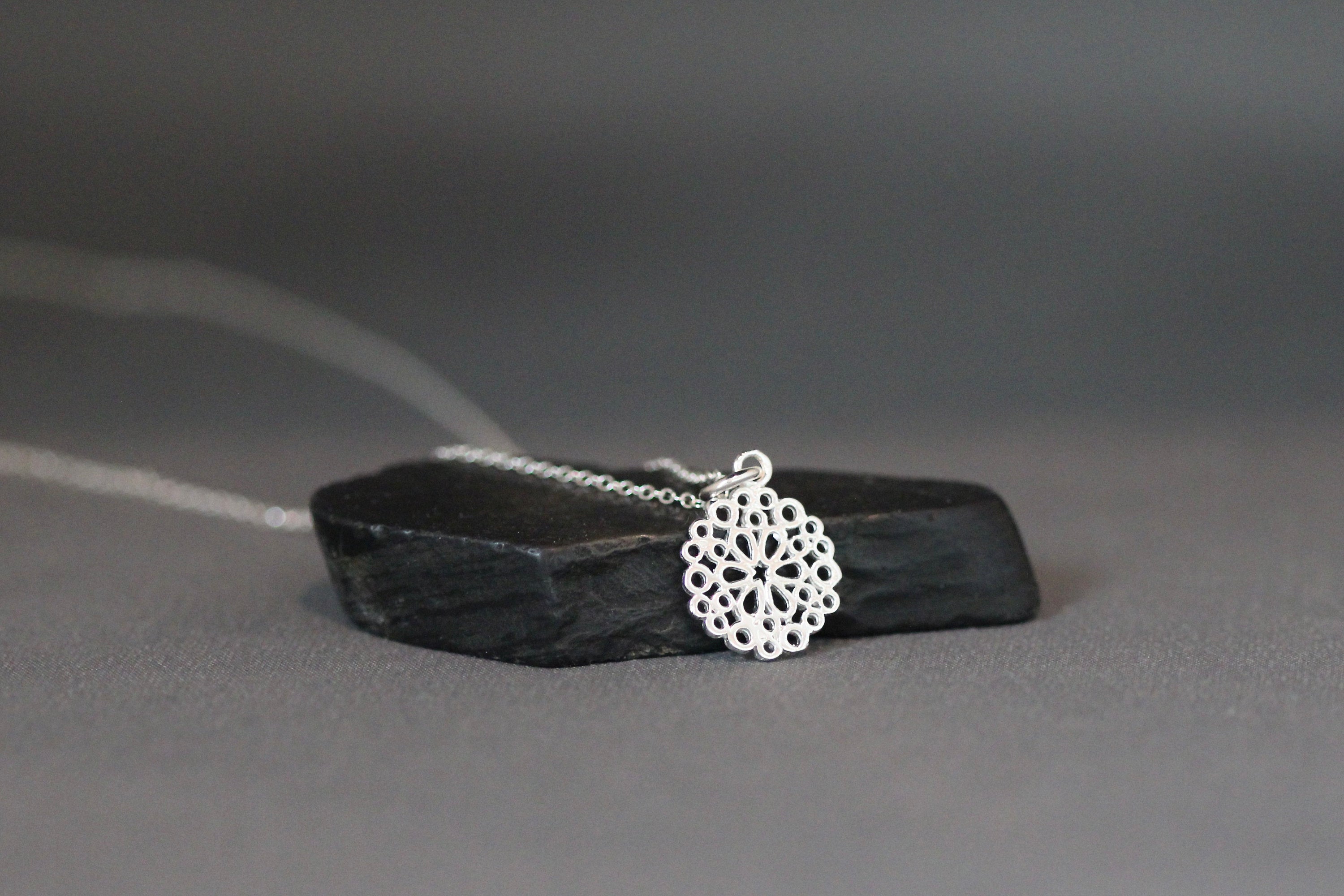 Small Sterling Silver Filigree Flower Charm Pendant Necklace