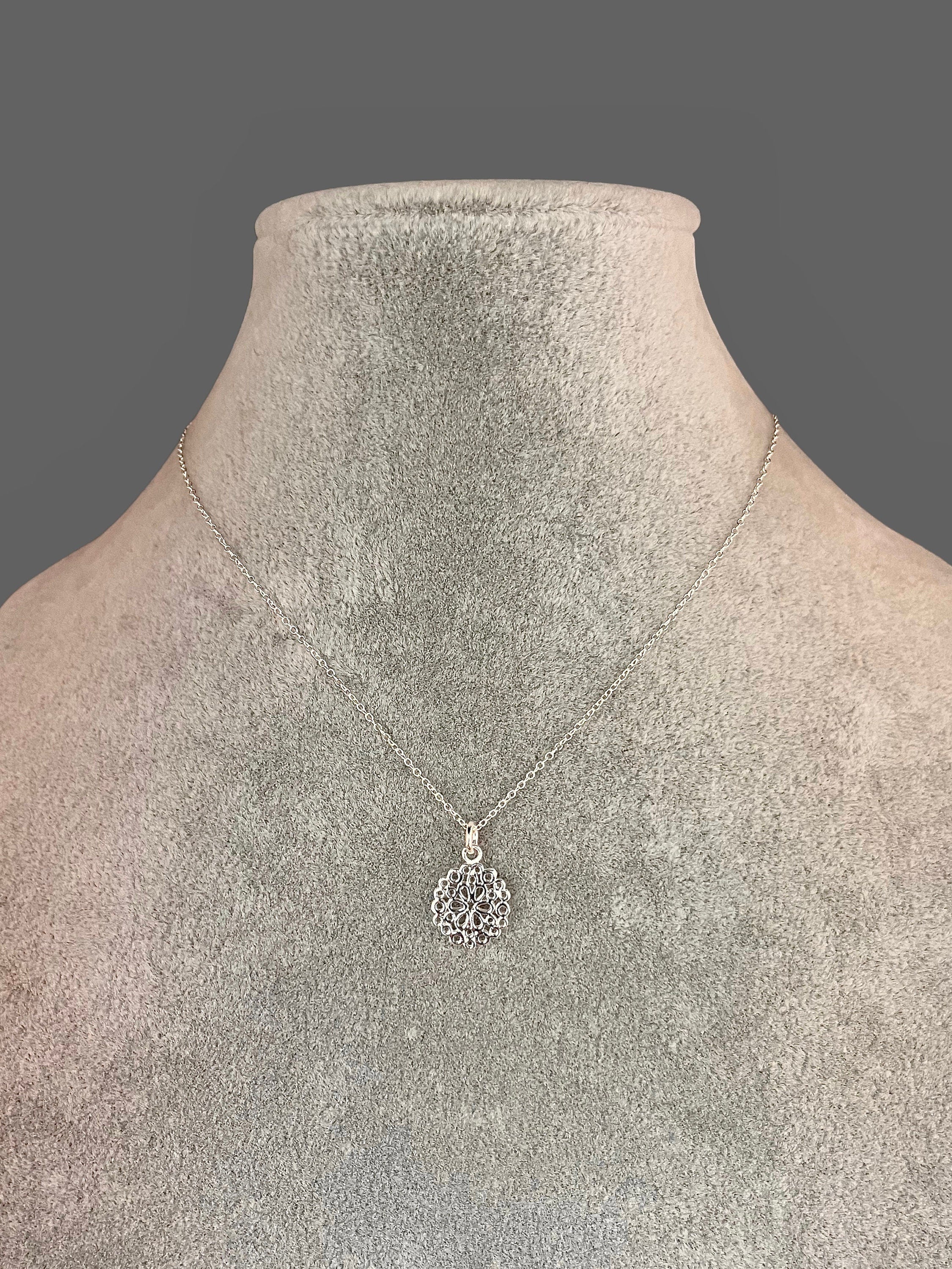 Small Sterling Silver Filigree Flower Charm Pendant Necklace