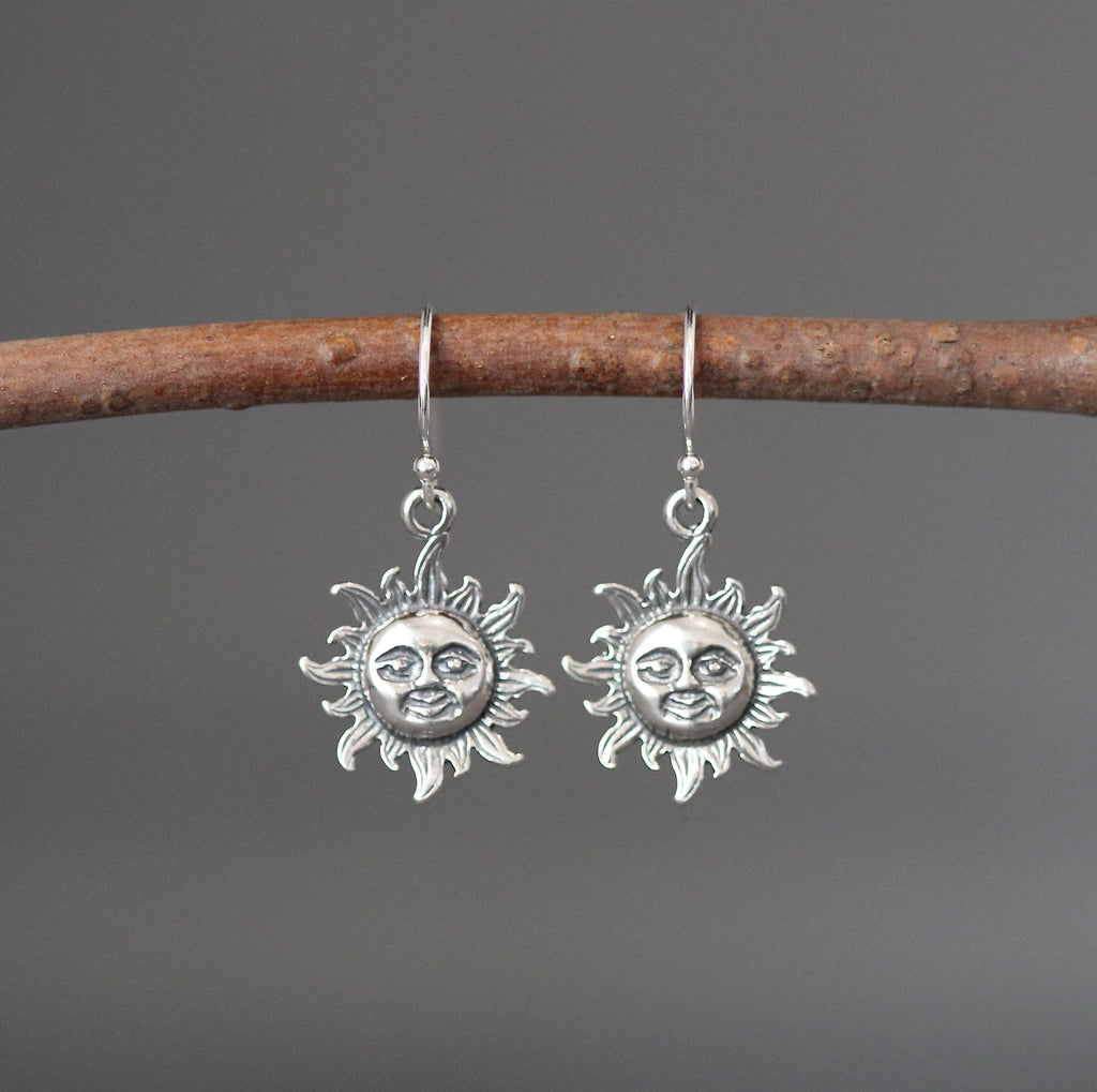 Bali Silver Sun Face Charm Dangle Earrings