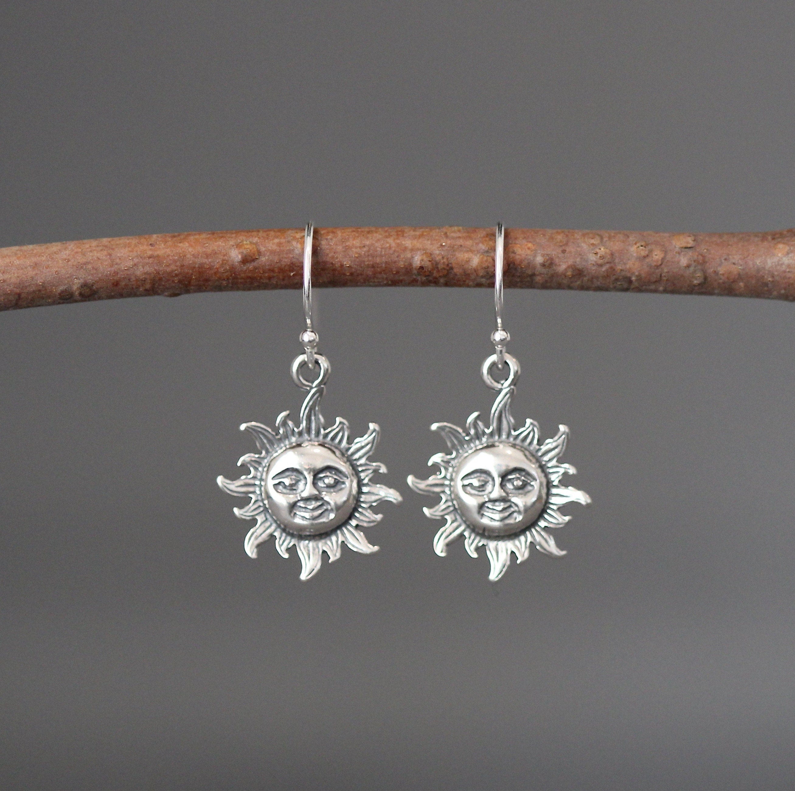 Bali Silver Sun Face Charm Dangle Earrings