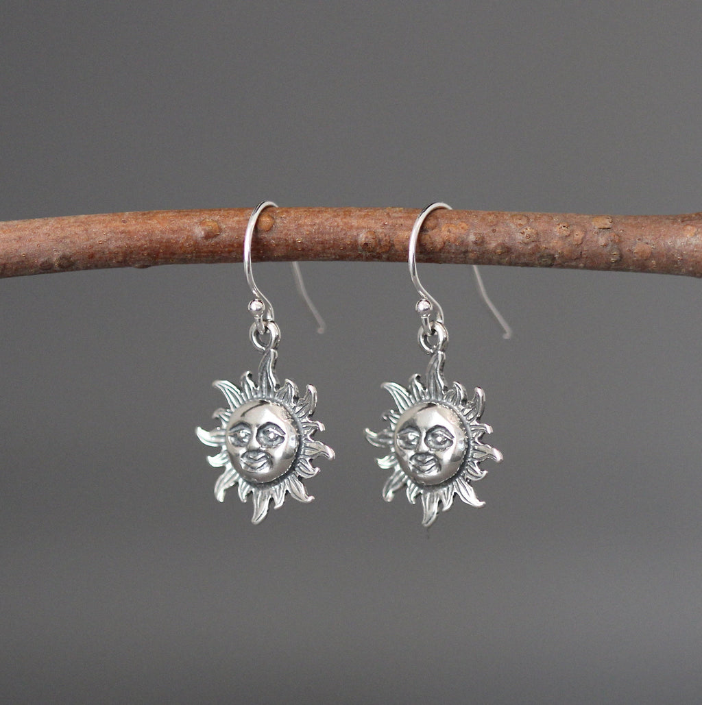 Bali Silver Sun Face Charm Dangle Earrings