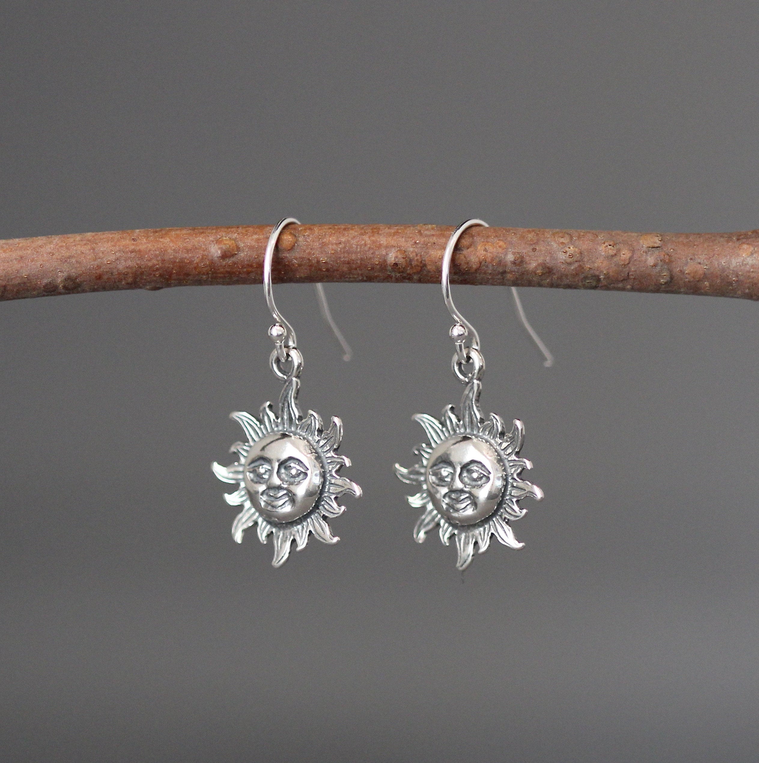 Bali Silver Sun Face Charm Dangle Earrings
