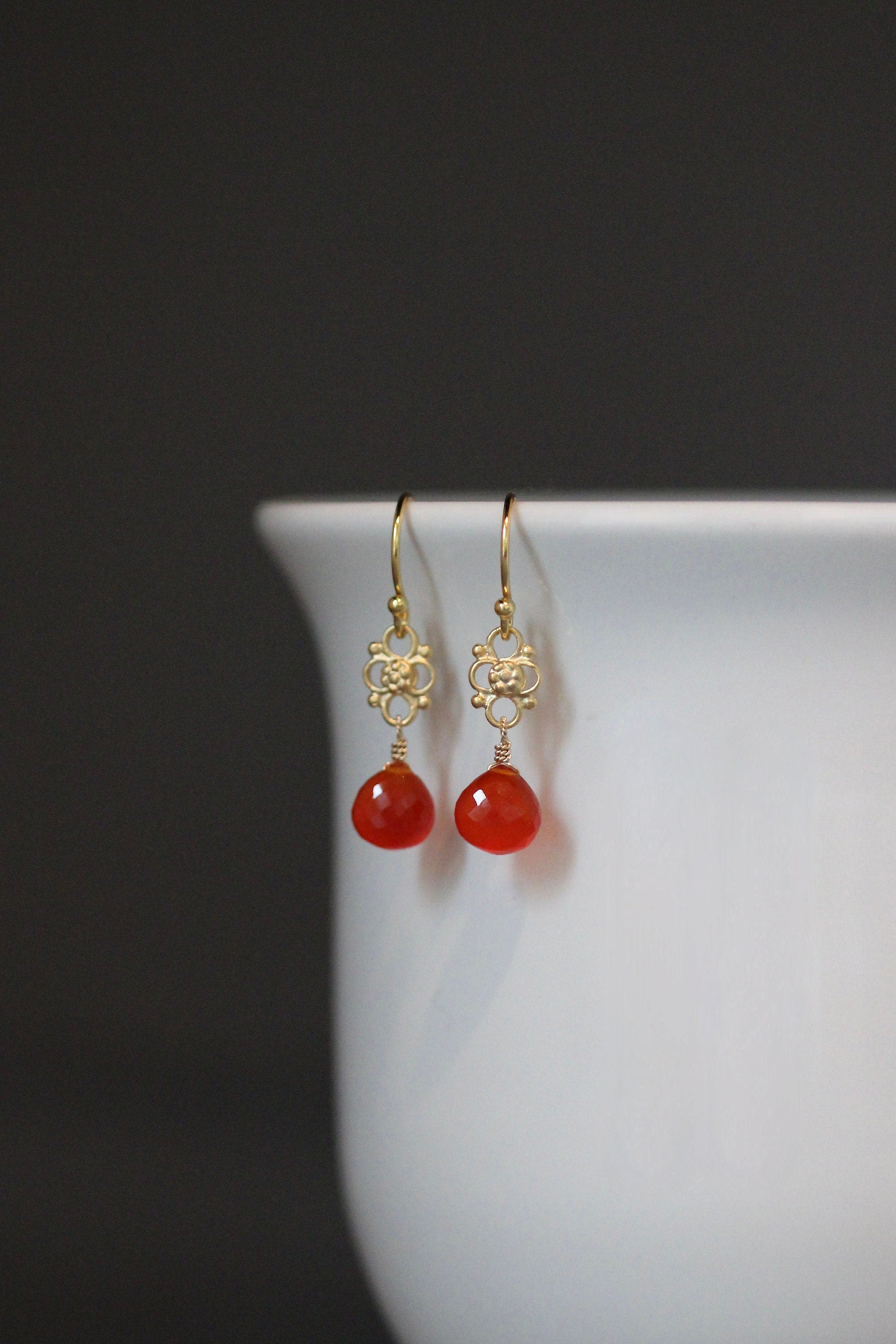 Carnelian Teardrop Dangle Earrings on Matte Gold Vermeil Links
