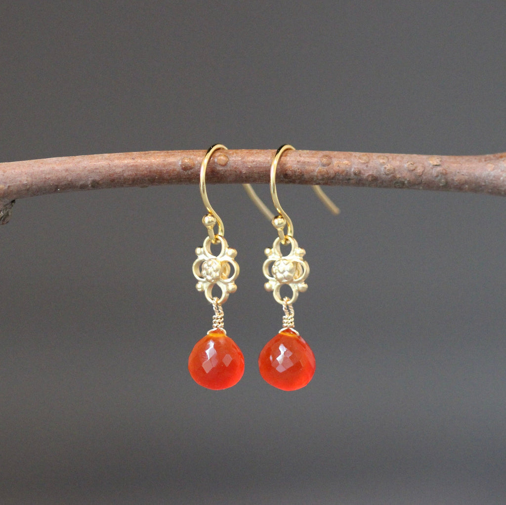Carnelian Teardrop Dangle Earrings on Matte Gold Vermeil Links