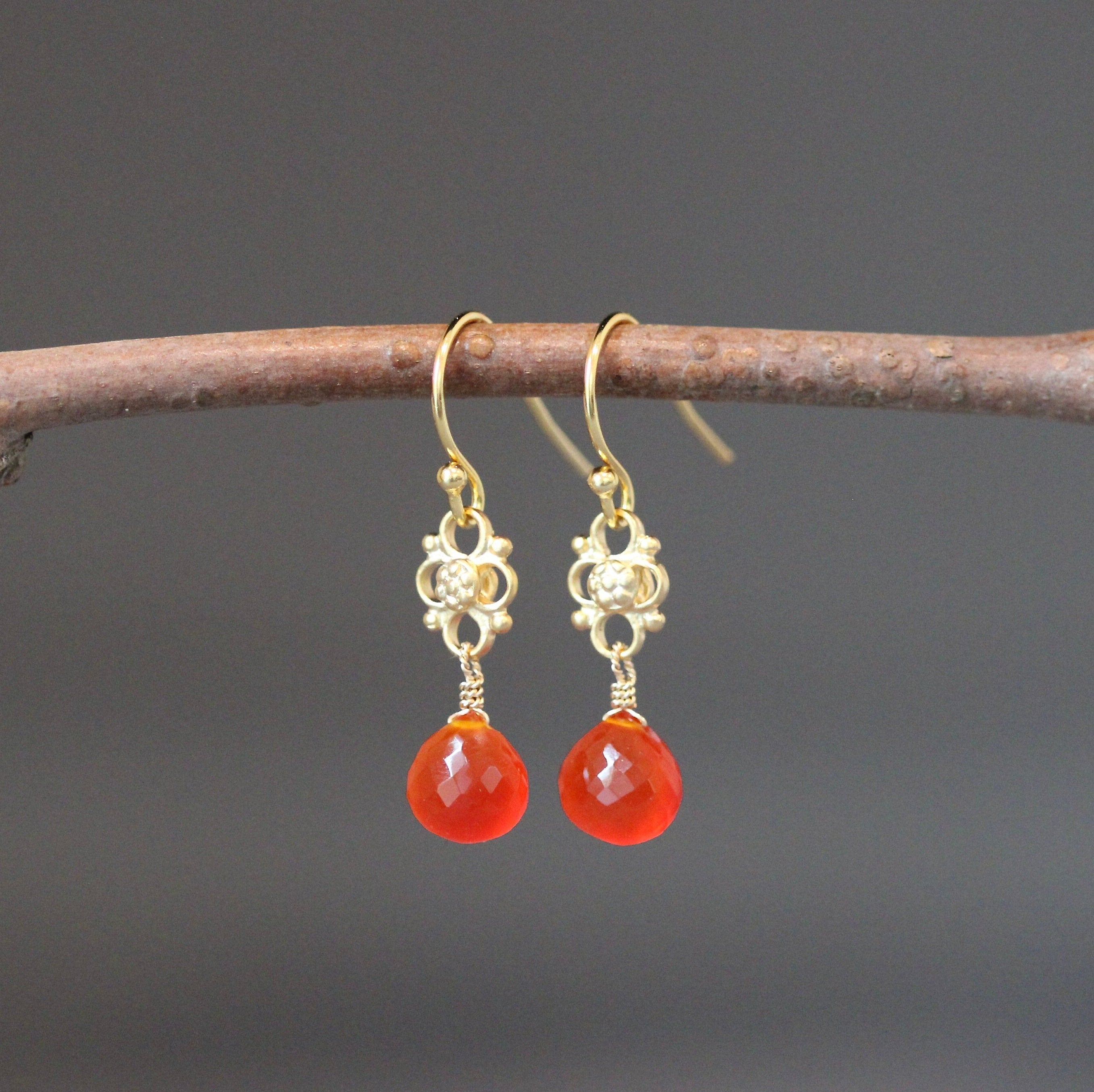 Carnelian Teardrop Dangle Earrings on Matte Gold Vermeil Links