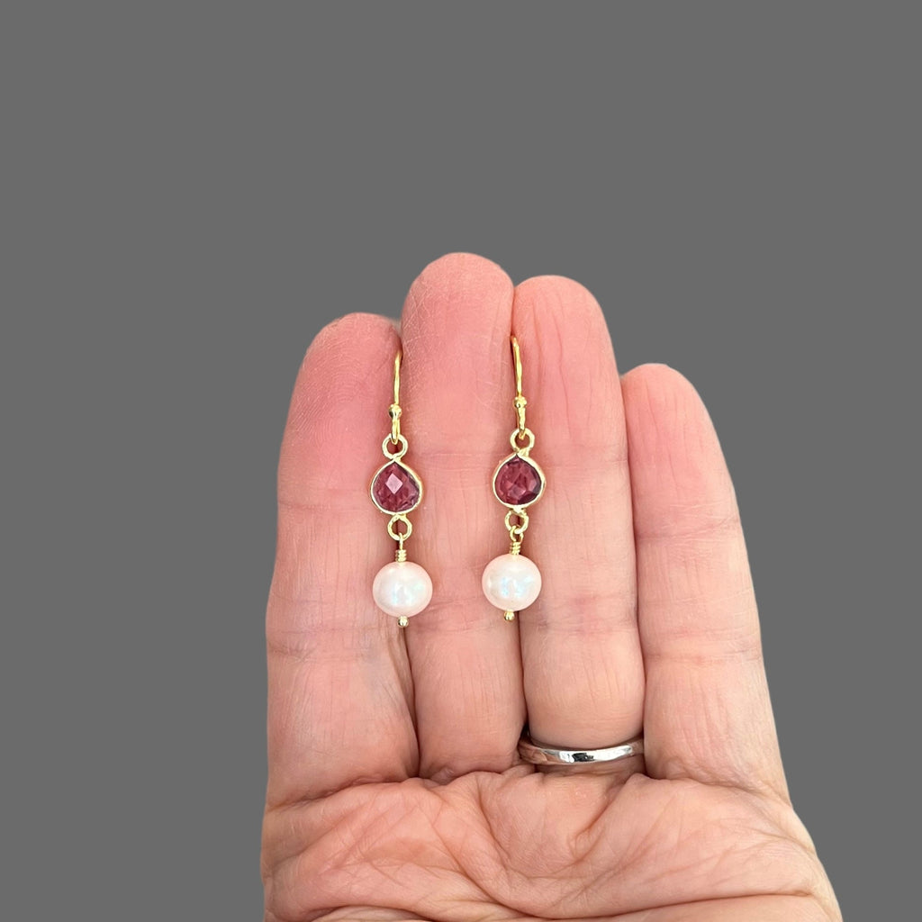 Pink Quartz and Freshwater Pearl Dangle Earrings in Gold Vermeil