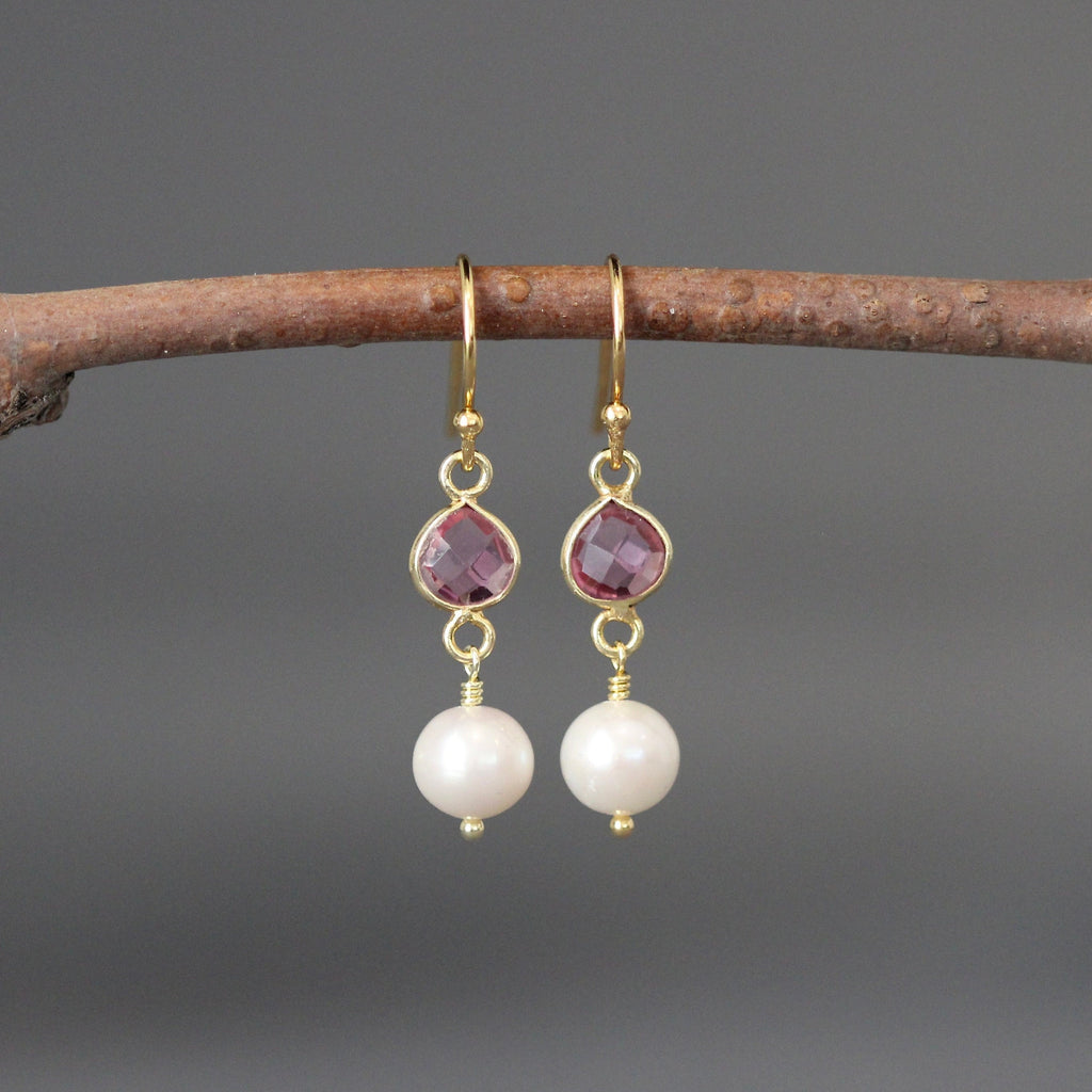 Pink Quartz and Freshwater Pearl Dangle Earrings in Gold Vermeil