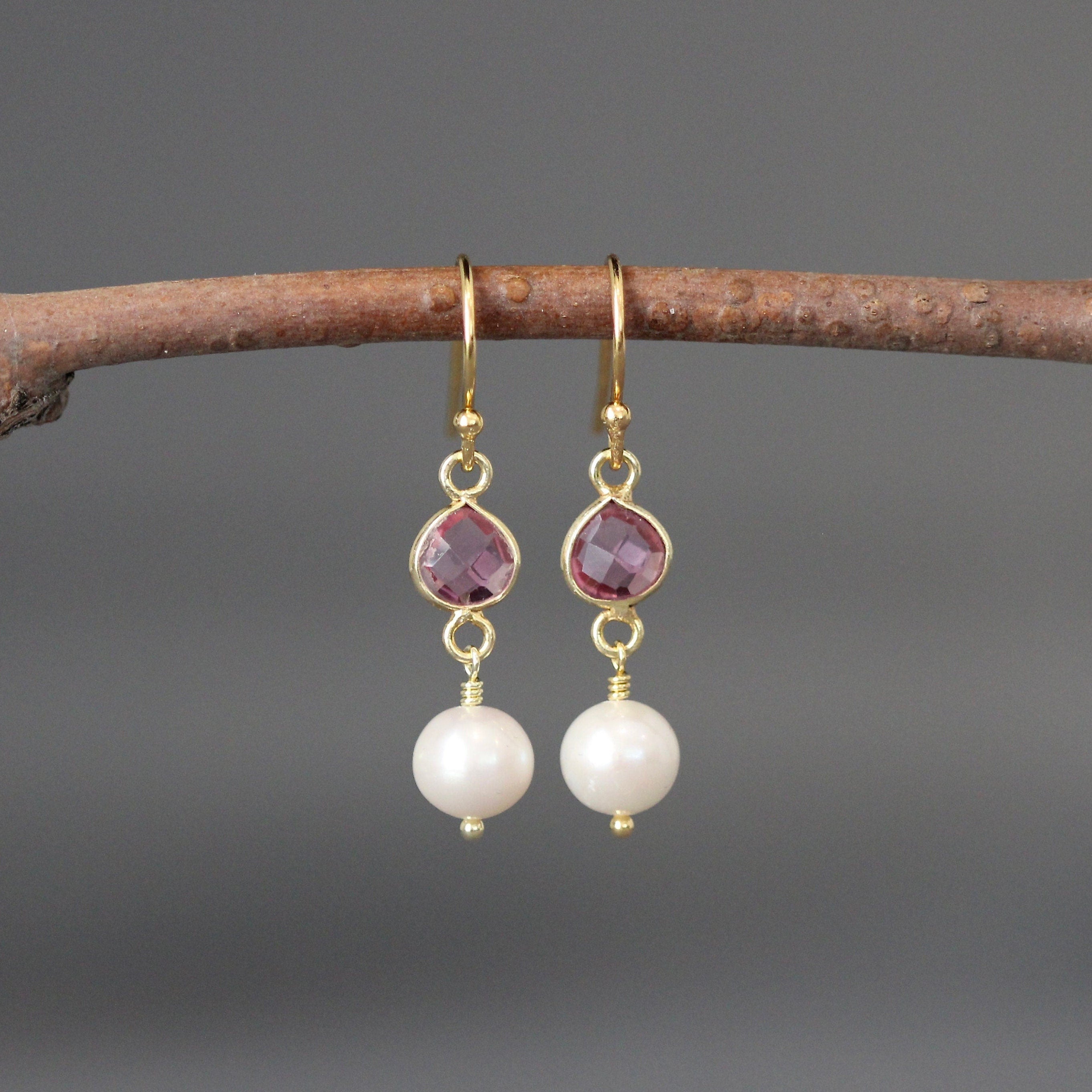 Pink Quartz and Freshwater Pearl Dangle Earrings in Gold Vermeil