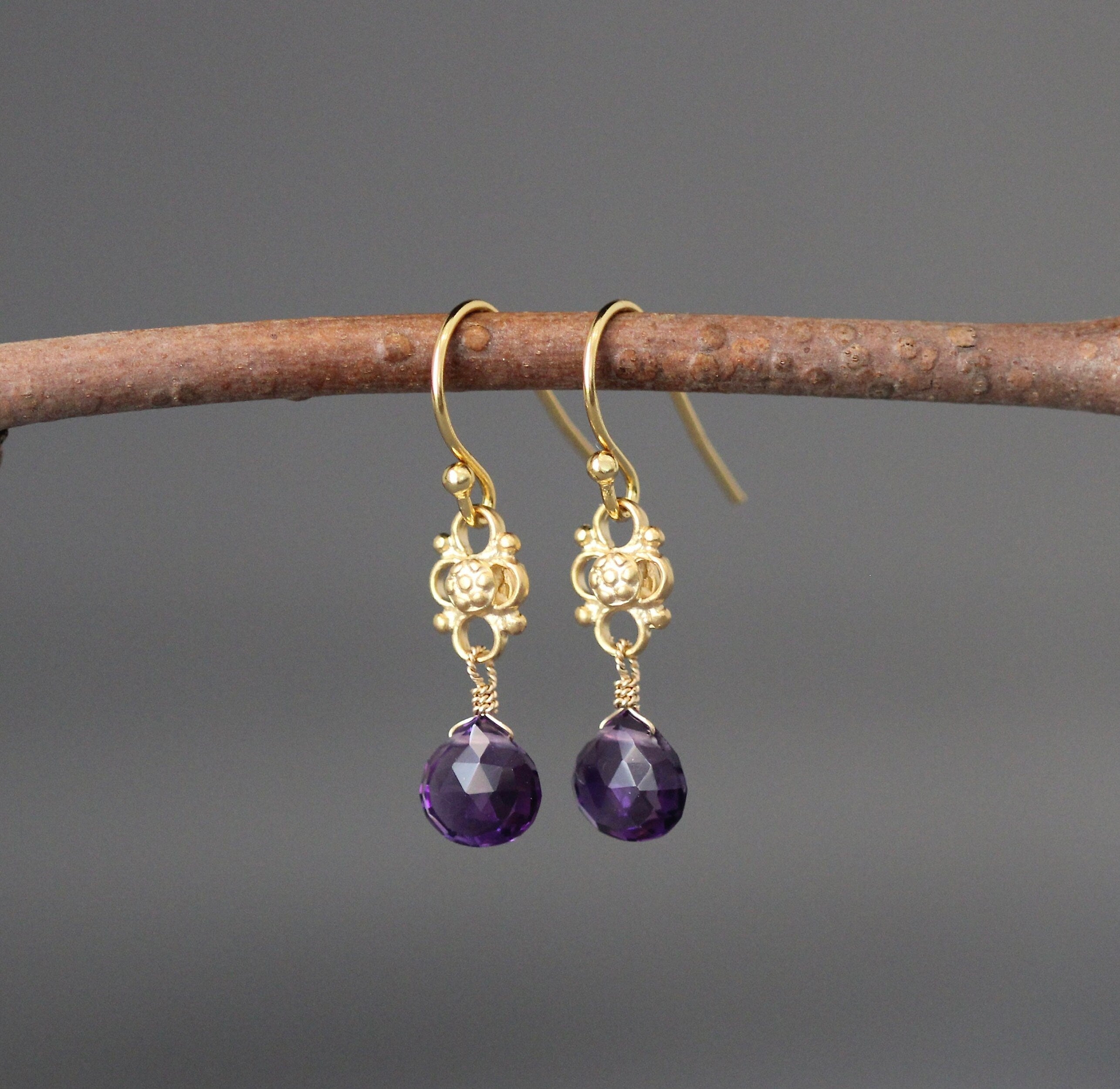 Amethyst Quartz and Gold Vermeil Link Dangle Earrings
