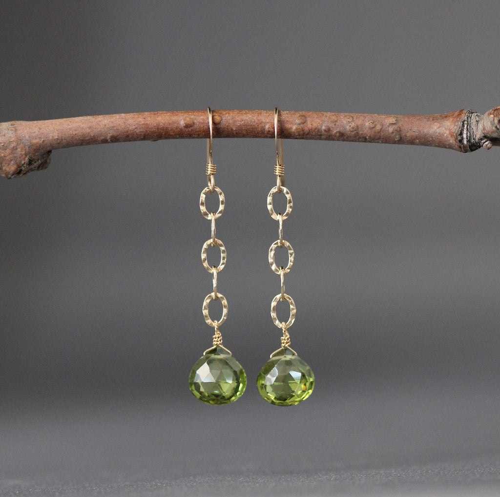 Peridot Quartz Teardrop Dangle Earrings on Hammered Gold Filled Links