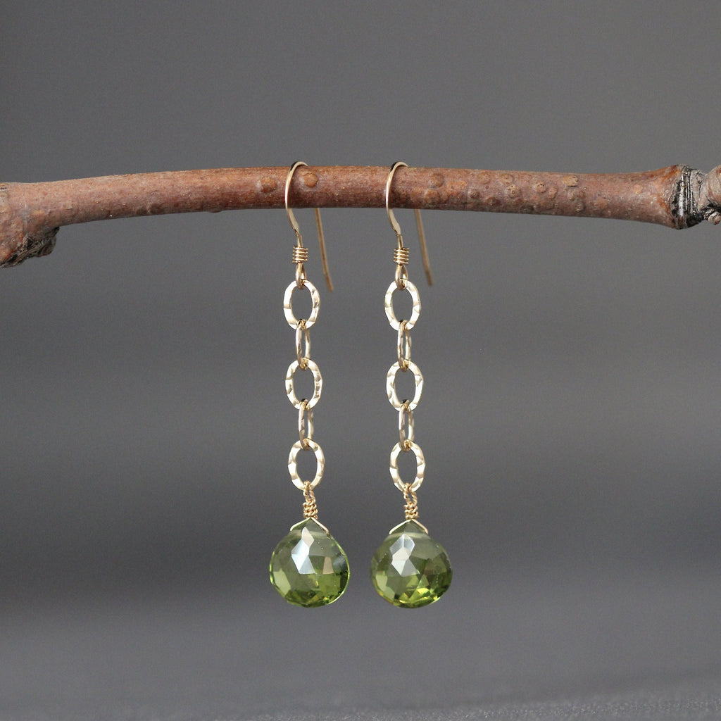 Peridot Quartz Teardrop Dangle Earrings on Hammered Gold Filled Links