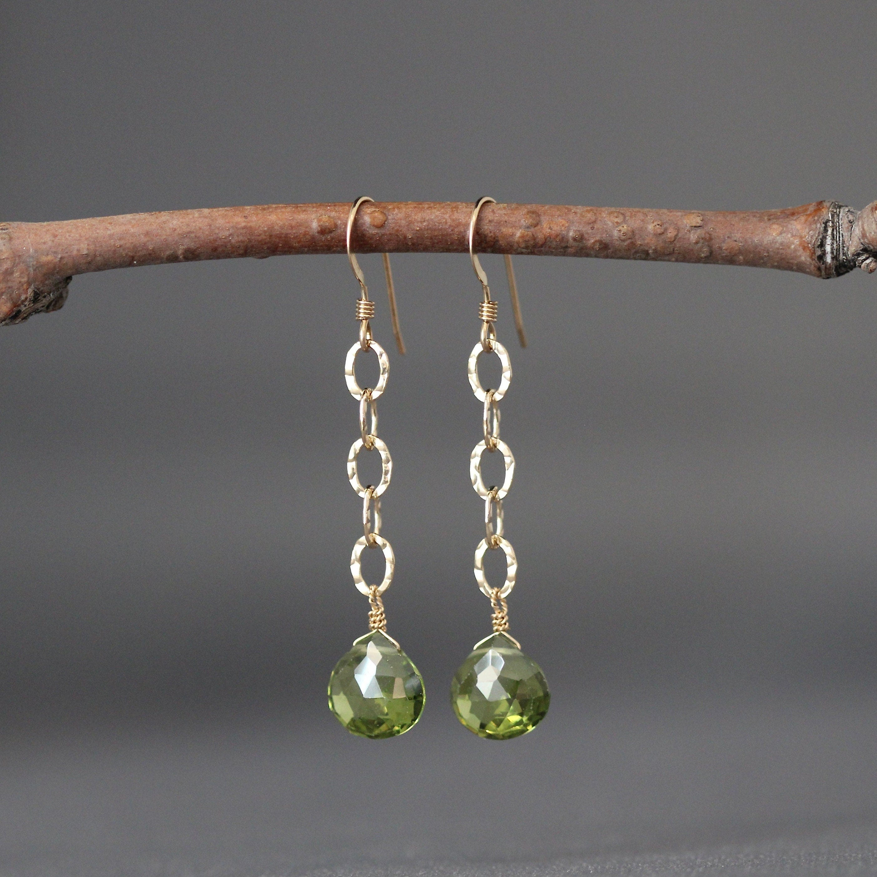 Peridot Quartz Teardrop Dangle Earrings on Hammered Gold Filled Links