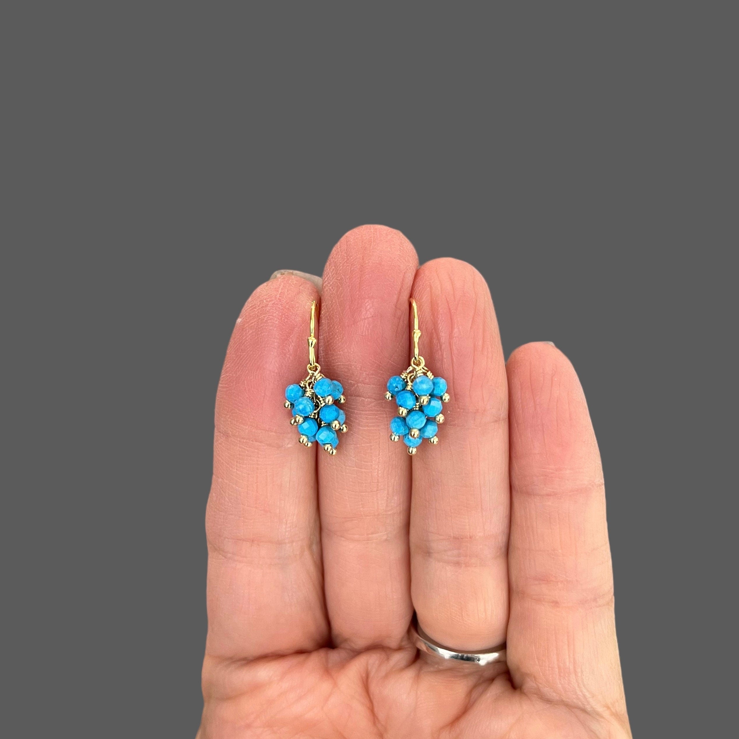 Blue Turquoise Gemstone Cluster Dangle Earrings in Gold Vermeil