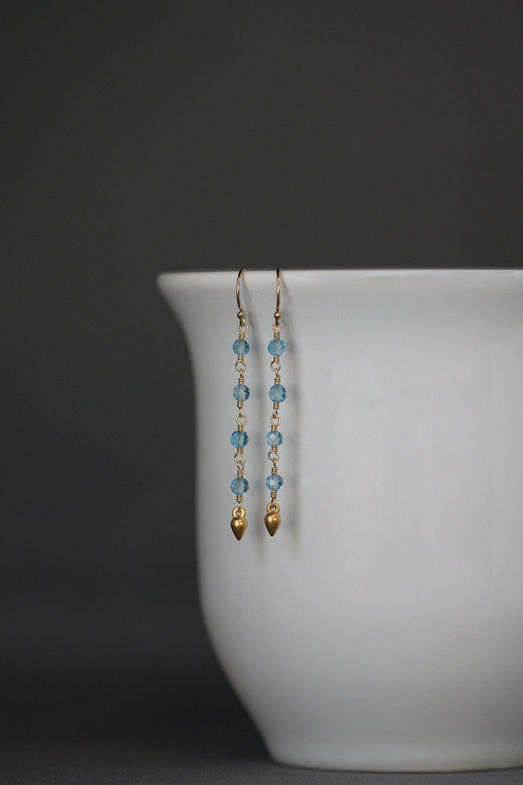 Blue Topaz and Matte Gold Vermeil Long Dangle Earrings on Gold Filled