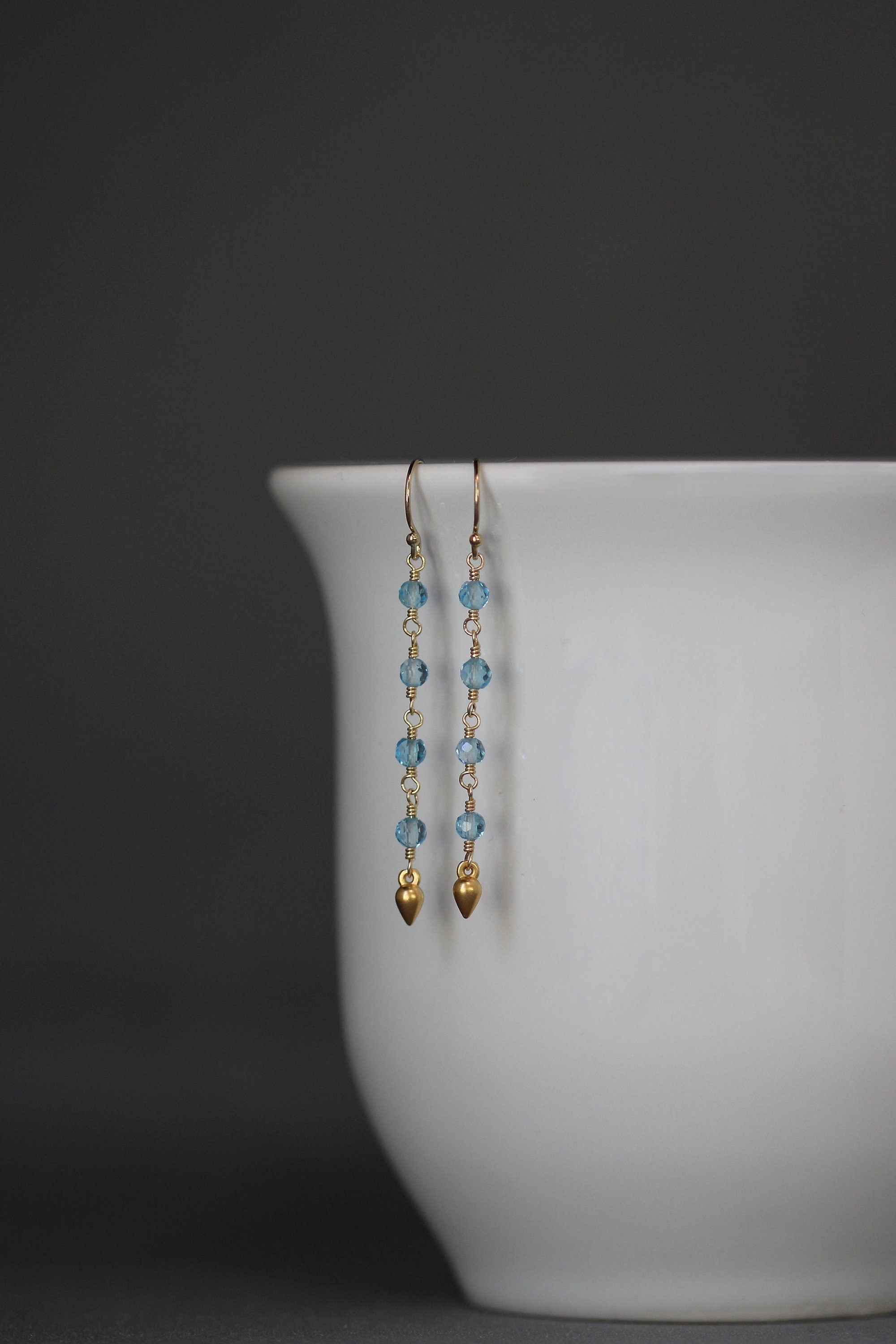 Blue Topaz and Matte Gold Vermeil Long Dangle Earrings on Gold Filled