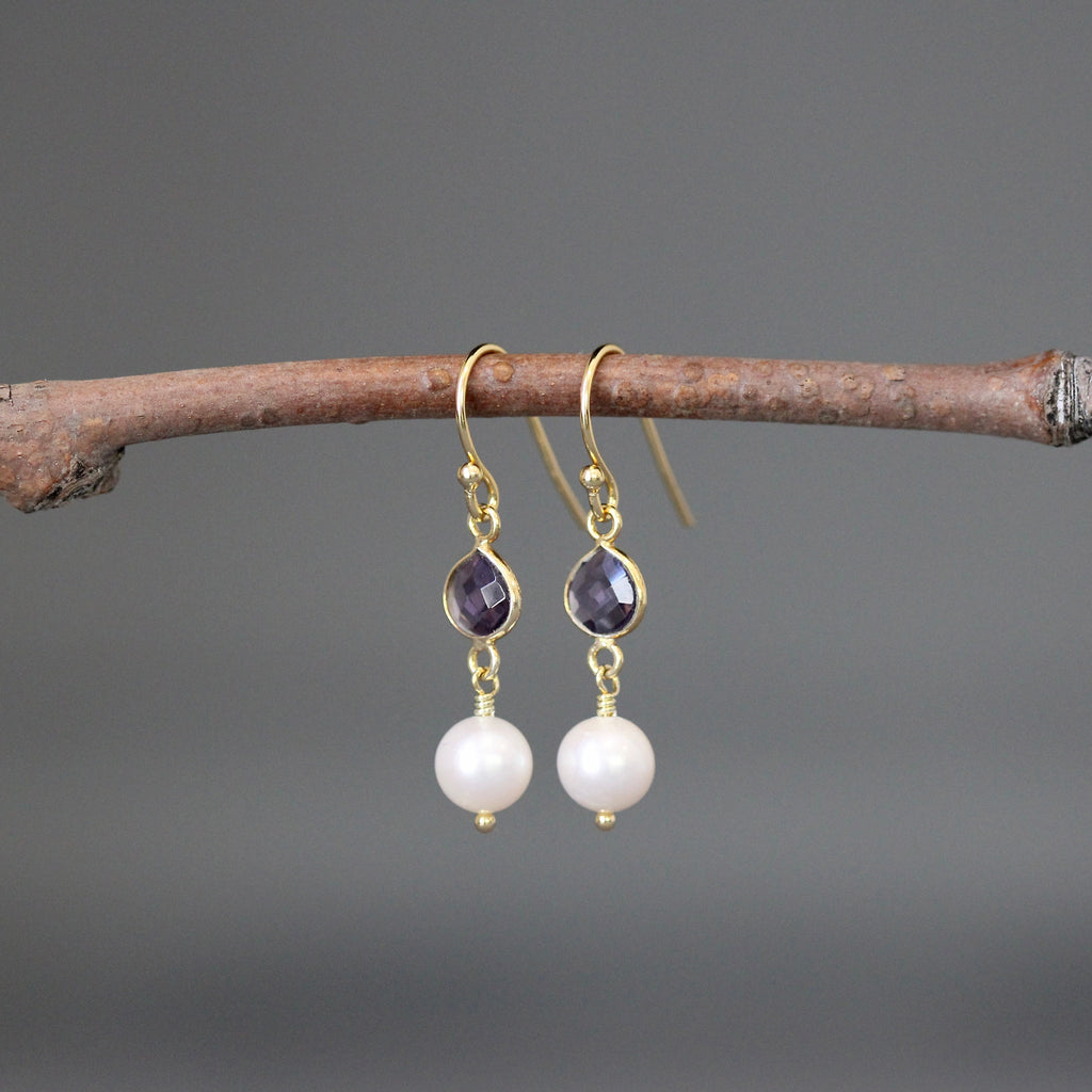 Amethyst Quartz and Freshwater Pearl Gold Vermeil Dangle Earrings