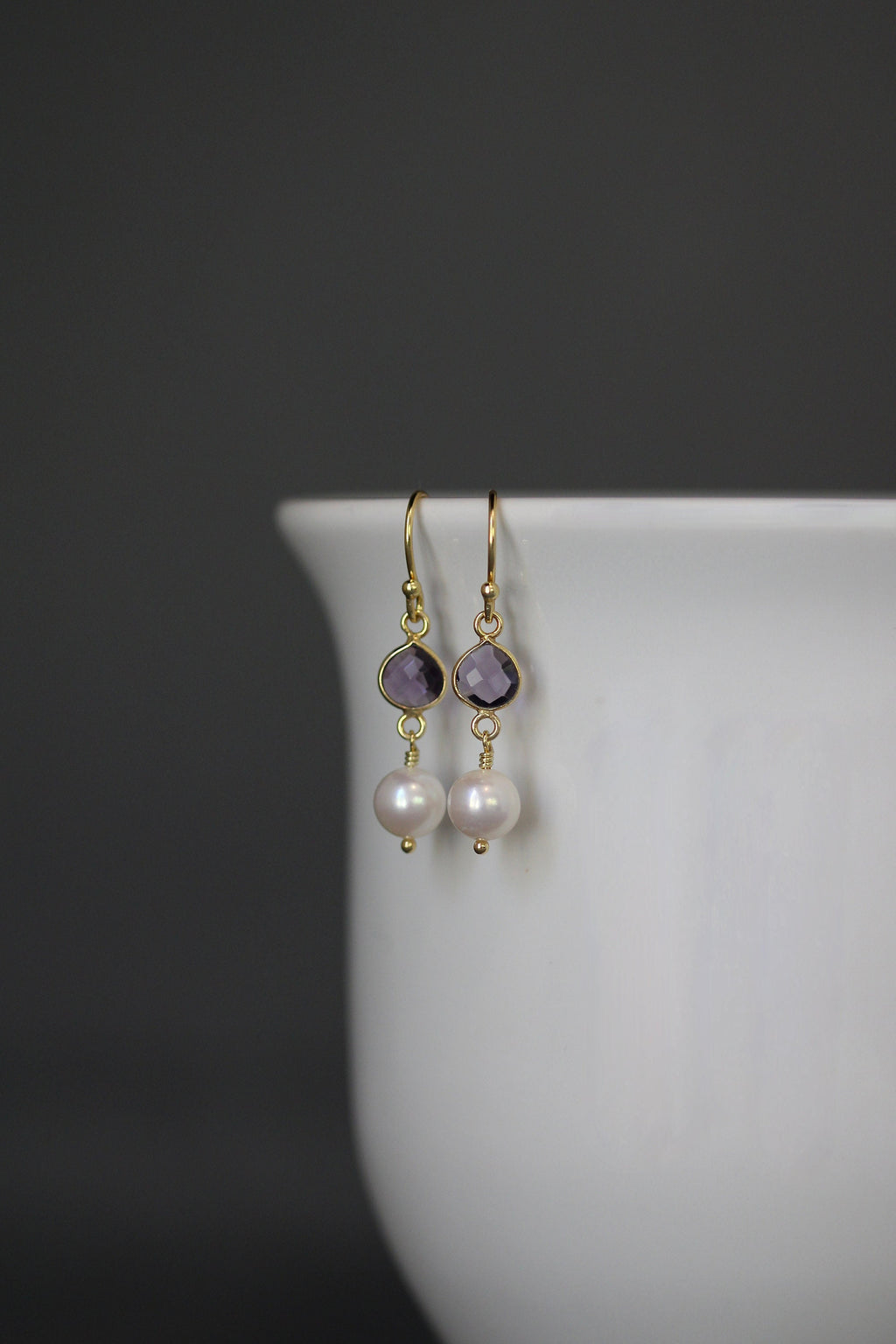 Amethyst Quartz and Freshwater Pearl Gold Vermeil Dangle Earrings