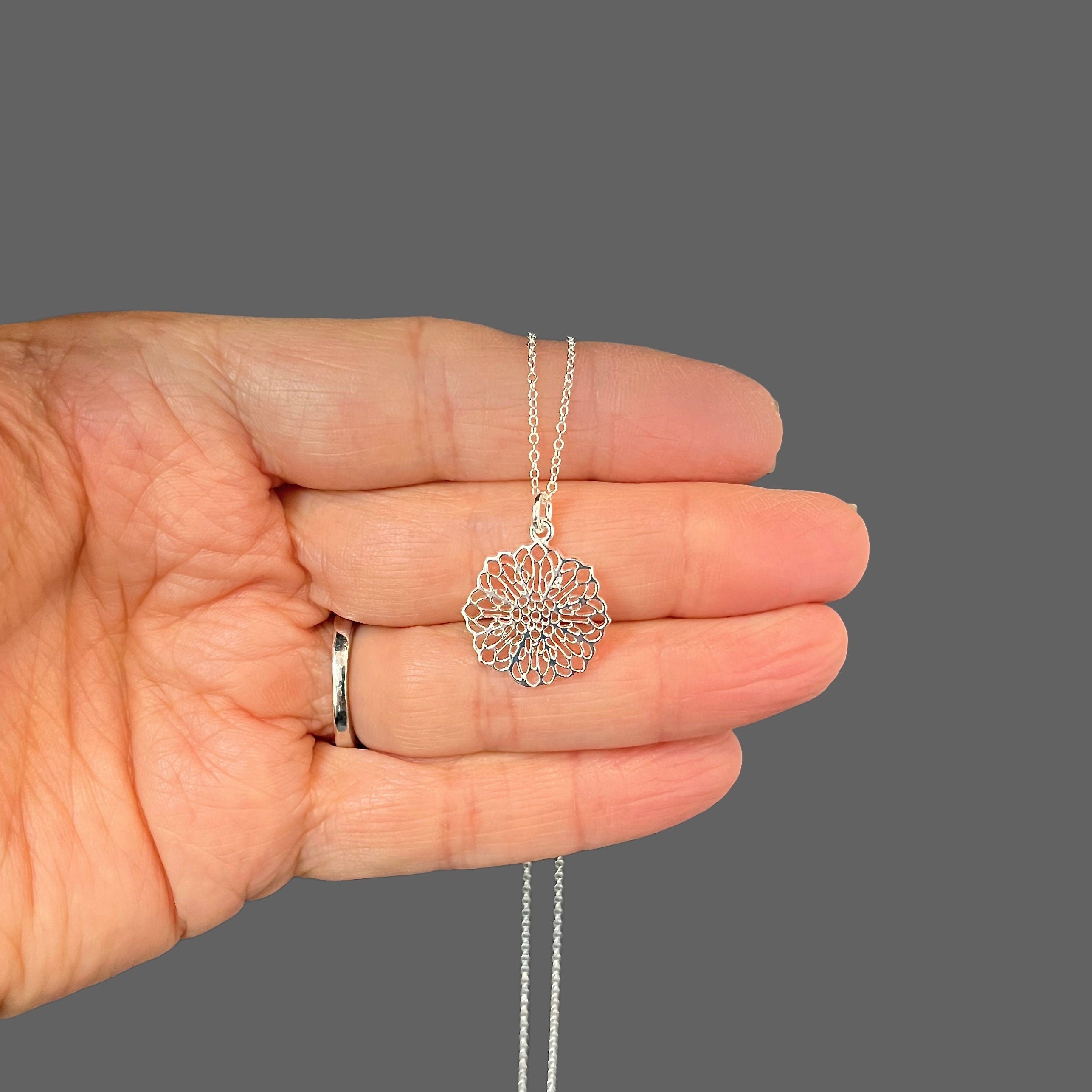Silver Filigree Floral Charm Pendant Necklace