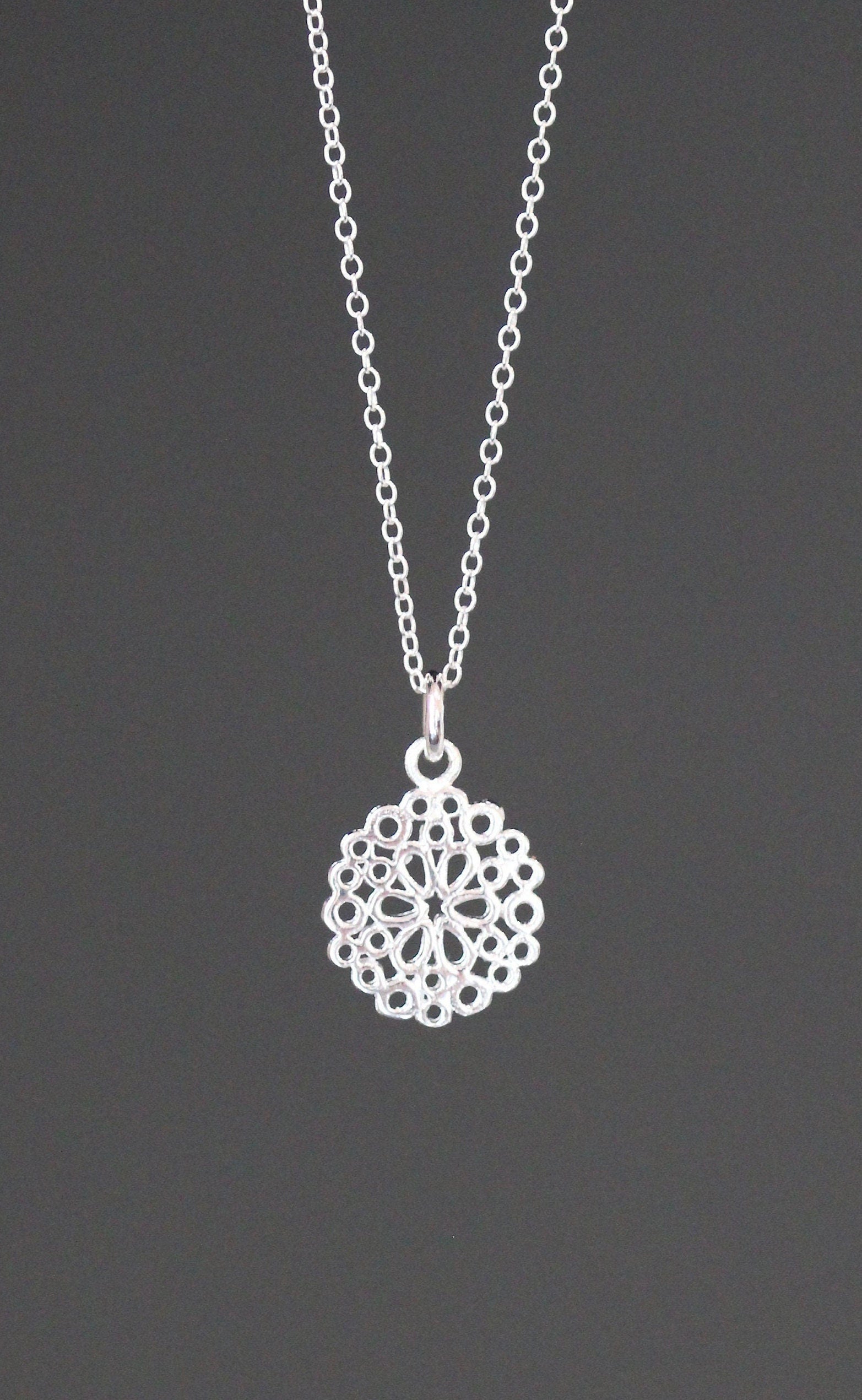 Small Sterling Silver Filigree Flower Charm Pendant Necklace