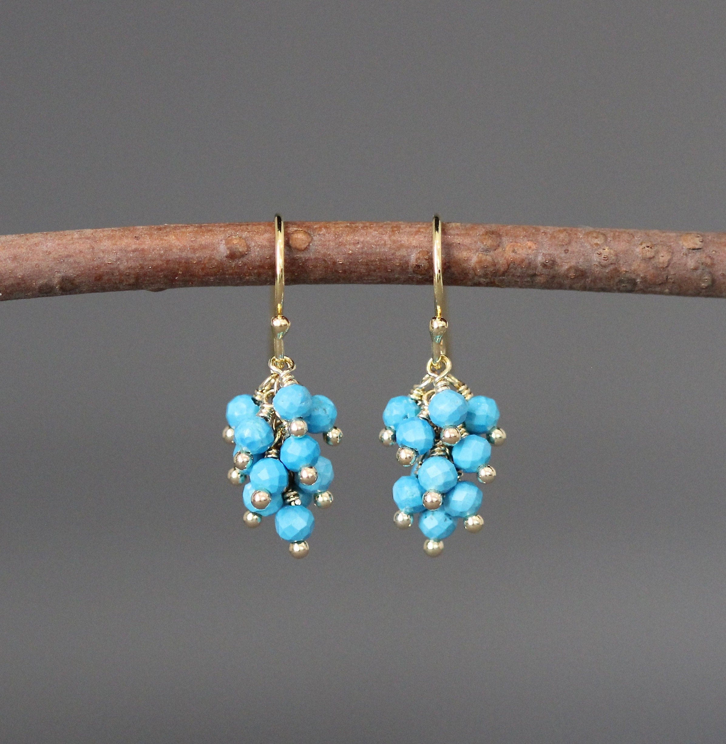Blue Turquoise Gemstone Cluster Dangle Earrings in Gold Vermeil
