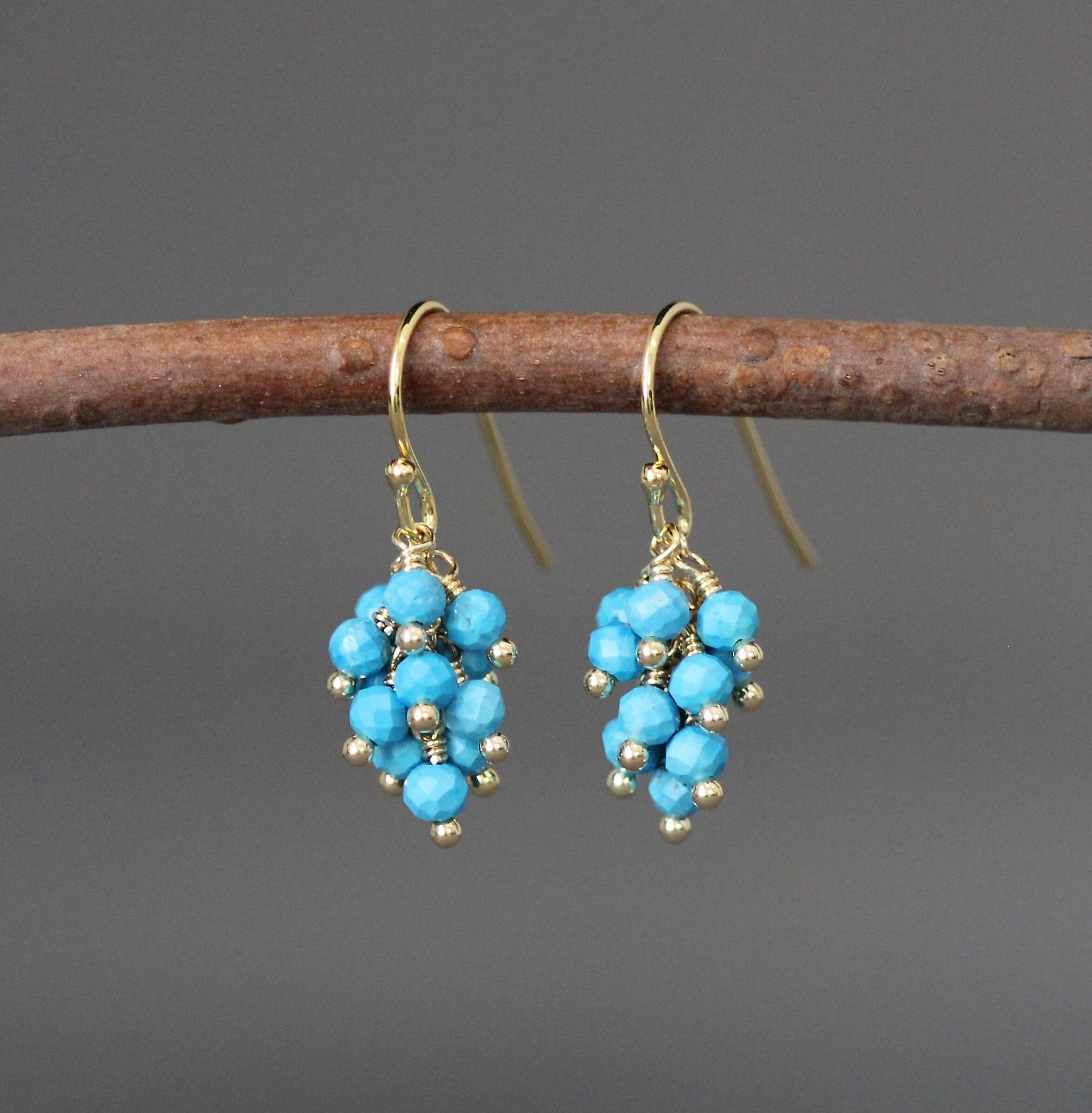 Blue Turquoise Gemstone Cluster Dangle Earrings in Gold Vermeil