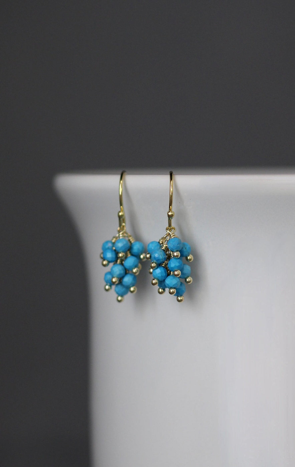 Blue Turquoise Gemstone Cluster Dangle Earrings in Gold Vermeil
