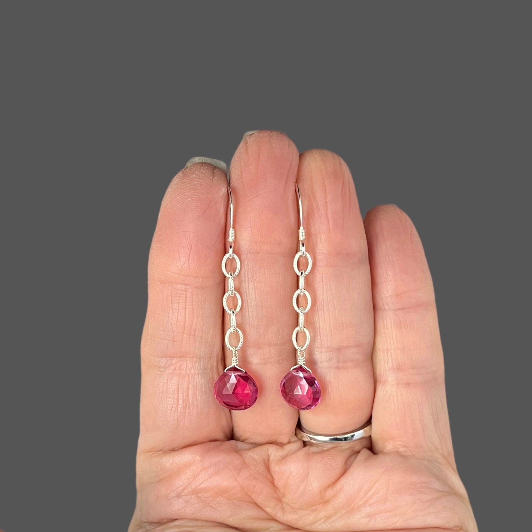 Hot Pink Quartz Teardrop Earrings on Sterling Silver Chain Links