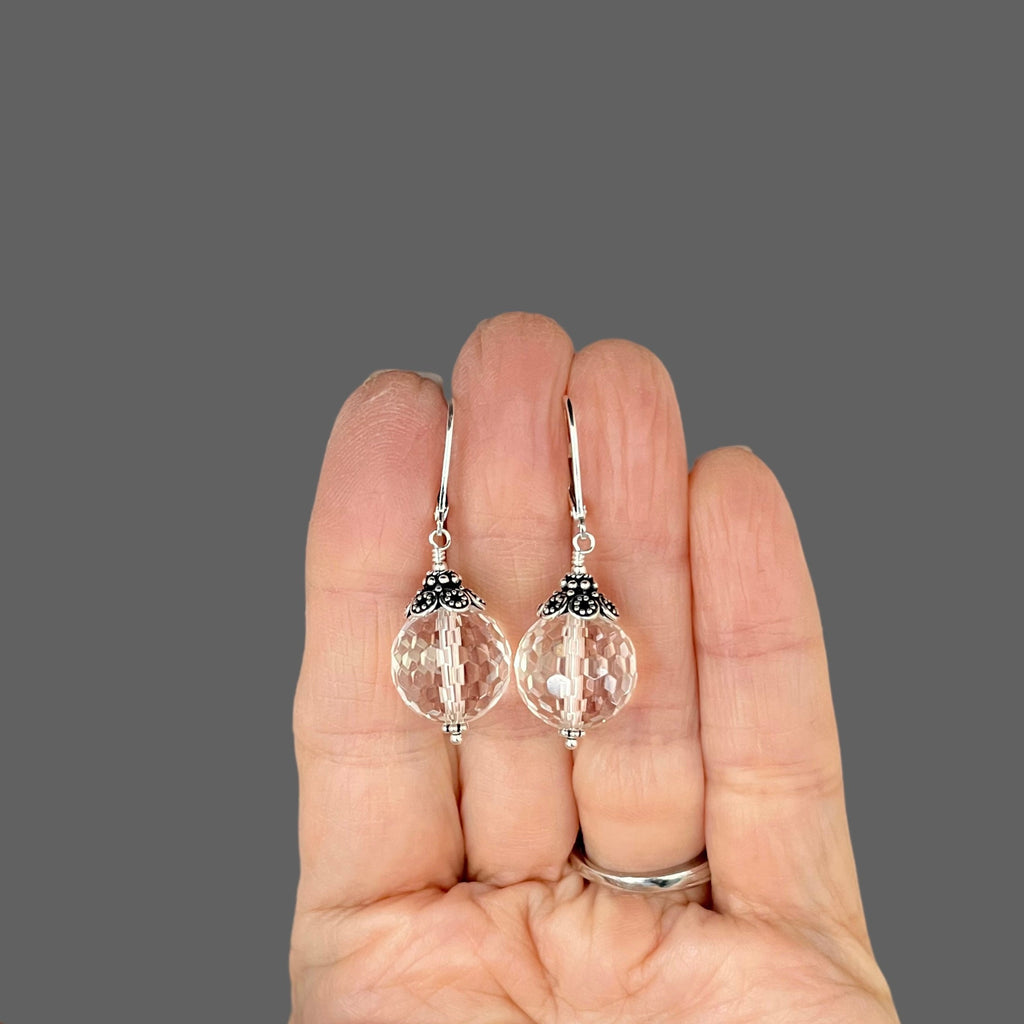 Clear Quartz Crystal Statement Earrings with Bali Silver Caps