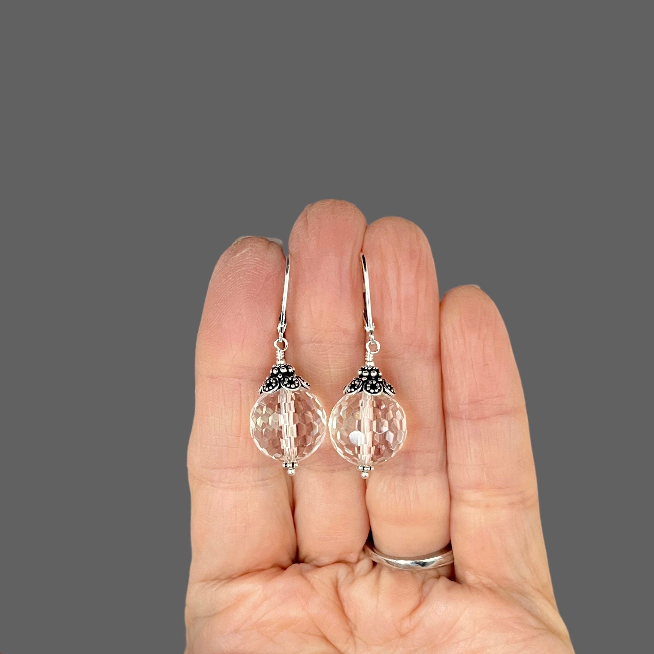 Clear Quartz Crystal Statement Earrings with Bali Silver Caps