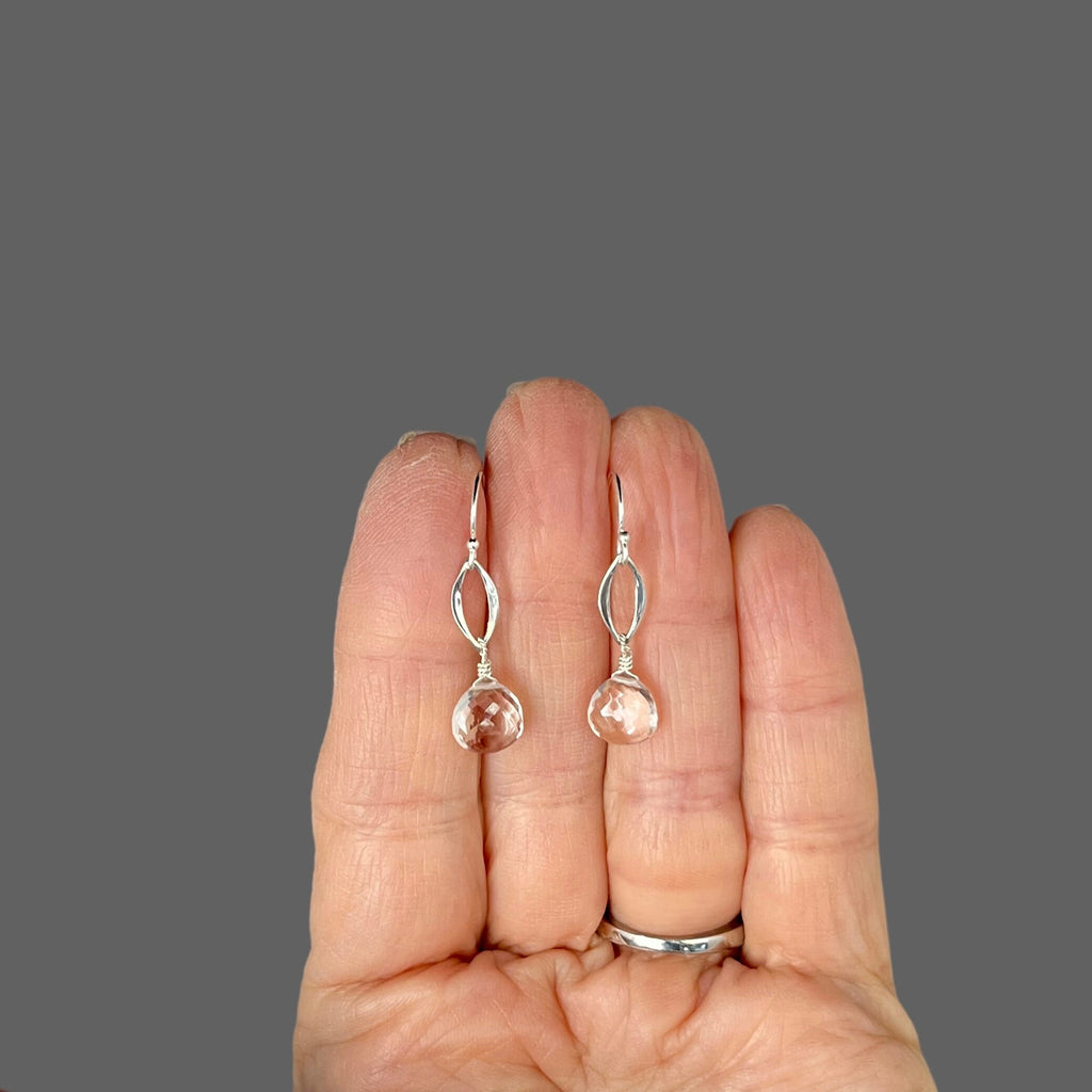 Clear Quartz Crystal Teardrop Earrings on Sterling Silver Marquise Links