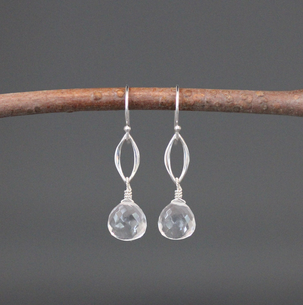 Clear Quartz Crystal Teardrop Earrings on Sterling Silver Marquise Links