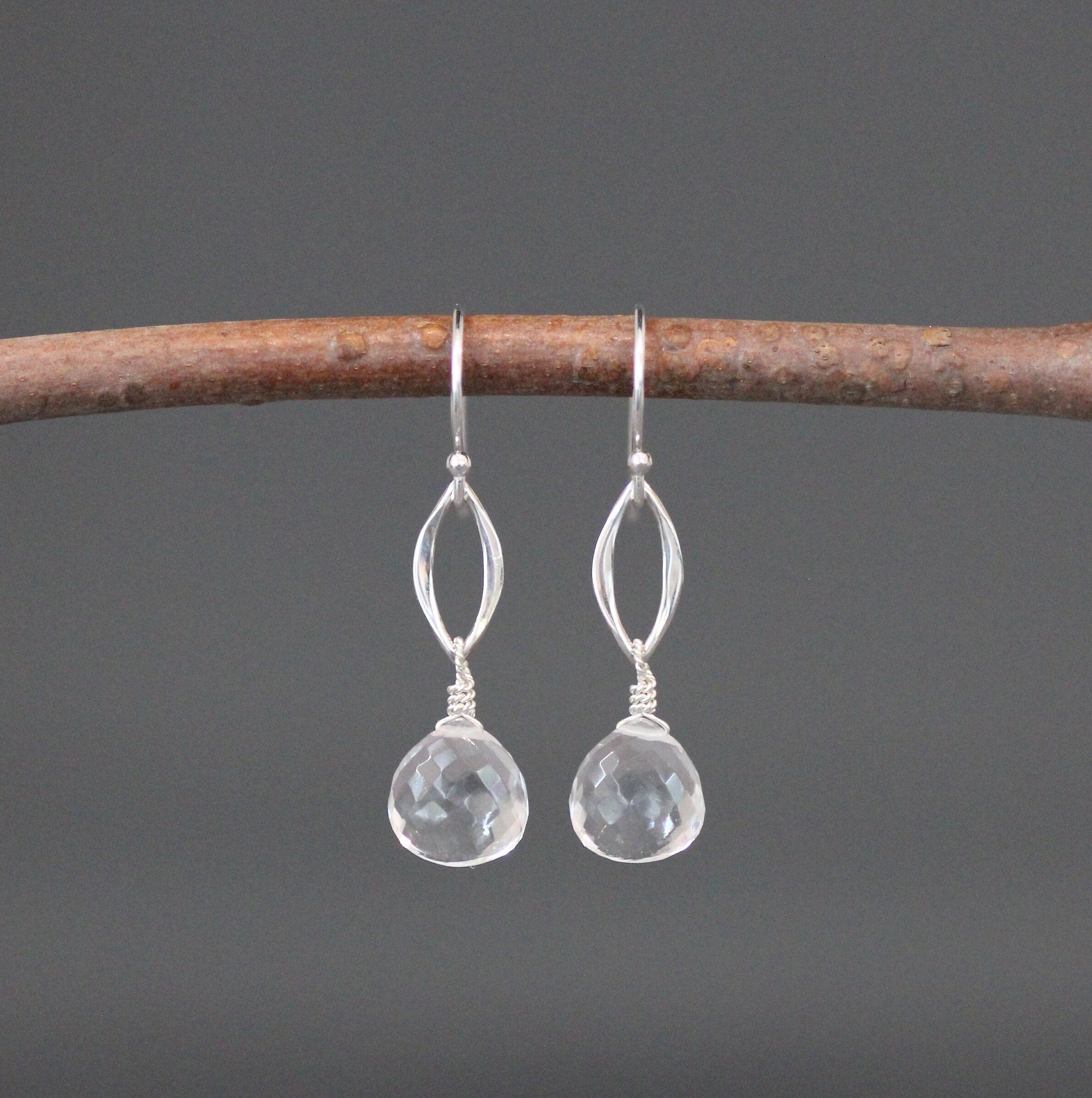 Clear Quartz Crystal Teardrop Earrings on Sterling Silver Marquise Links