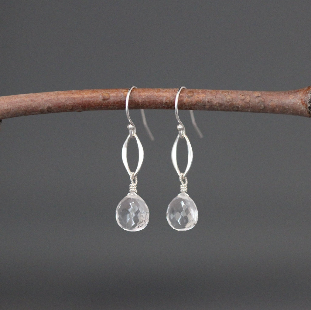 Clear Quartz Crystal Teardrop Earrings on Sterling Silver Marquise Links